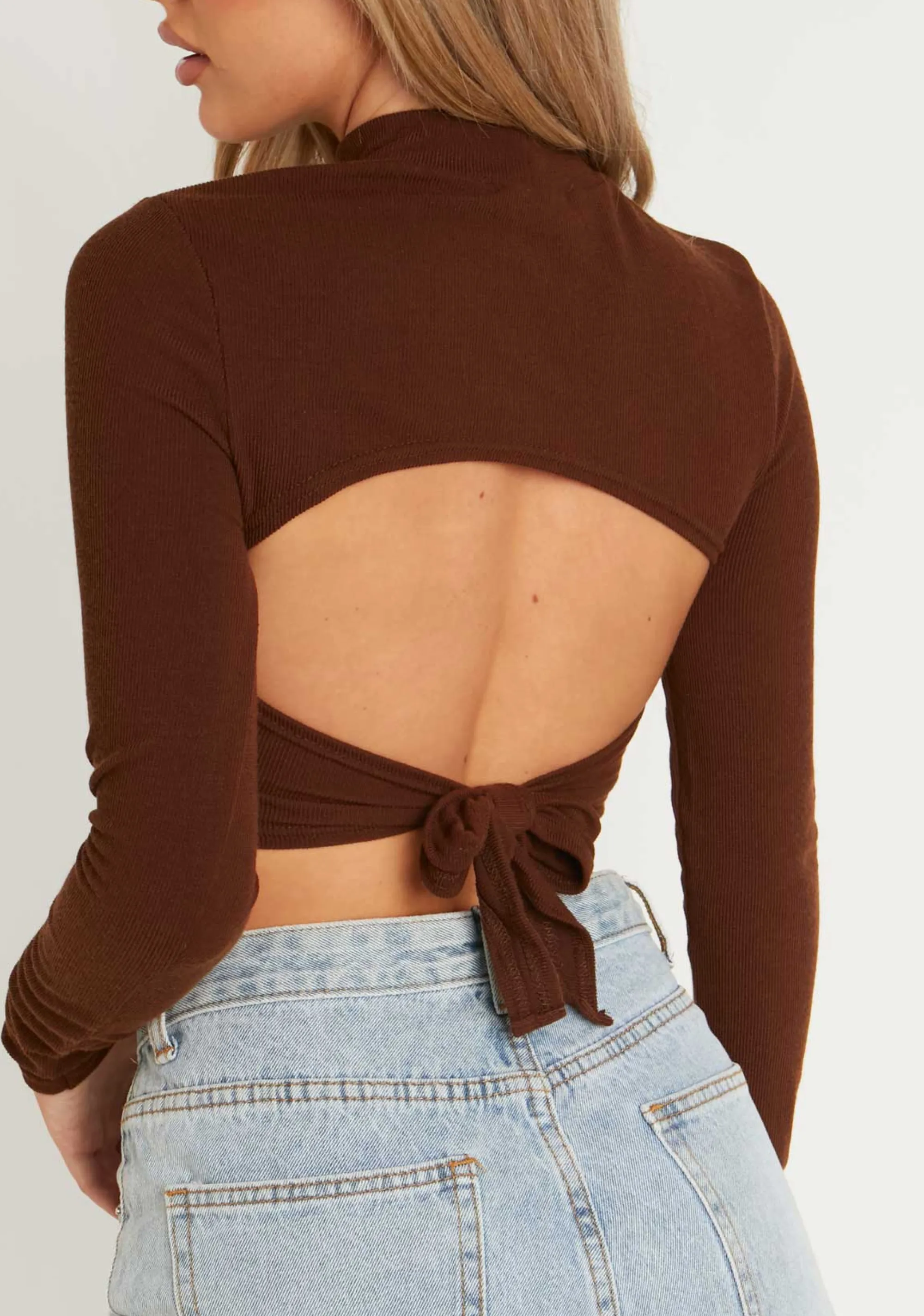 Missy Empire Calli Chocolate Ribbed High Neck Tie Back Long Sleeve Crop Top Discount