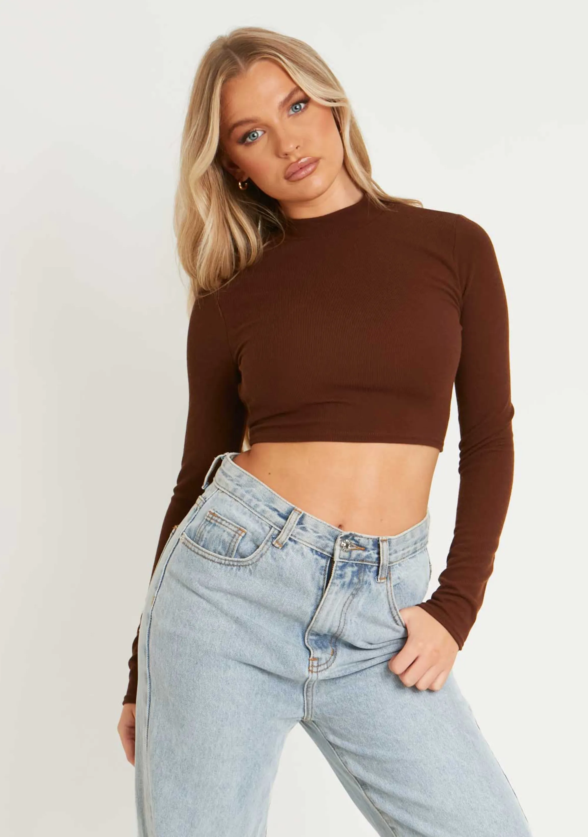 Missy Empire Calli Chocolate Ribbed High Neck Tie Back Long Sleeve Crop Top Discount