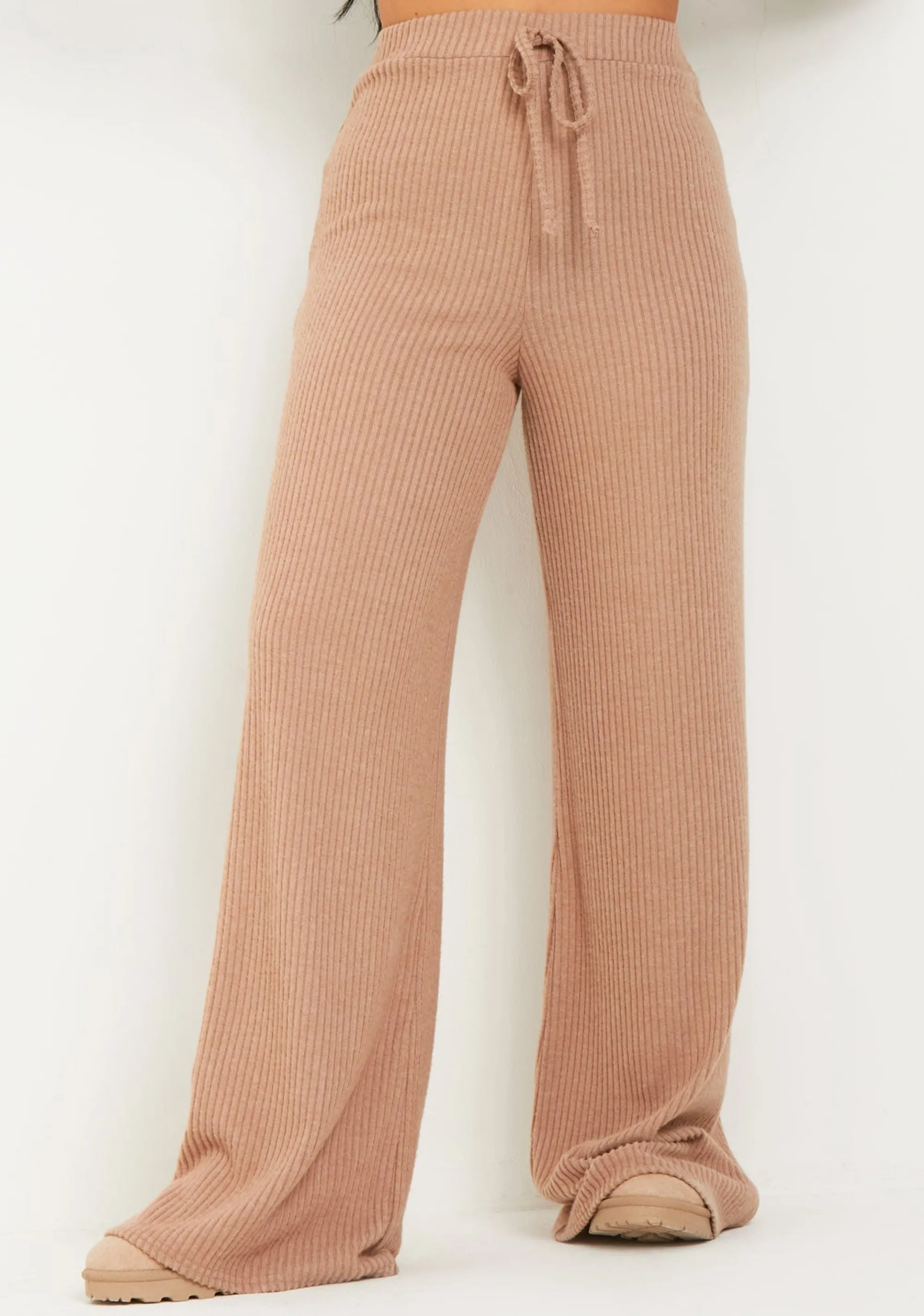 Missy Empire Cally Brown Rib Wide Leg Trousers^Women Trousers