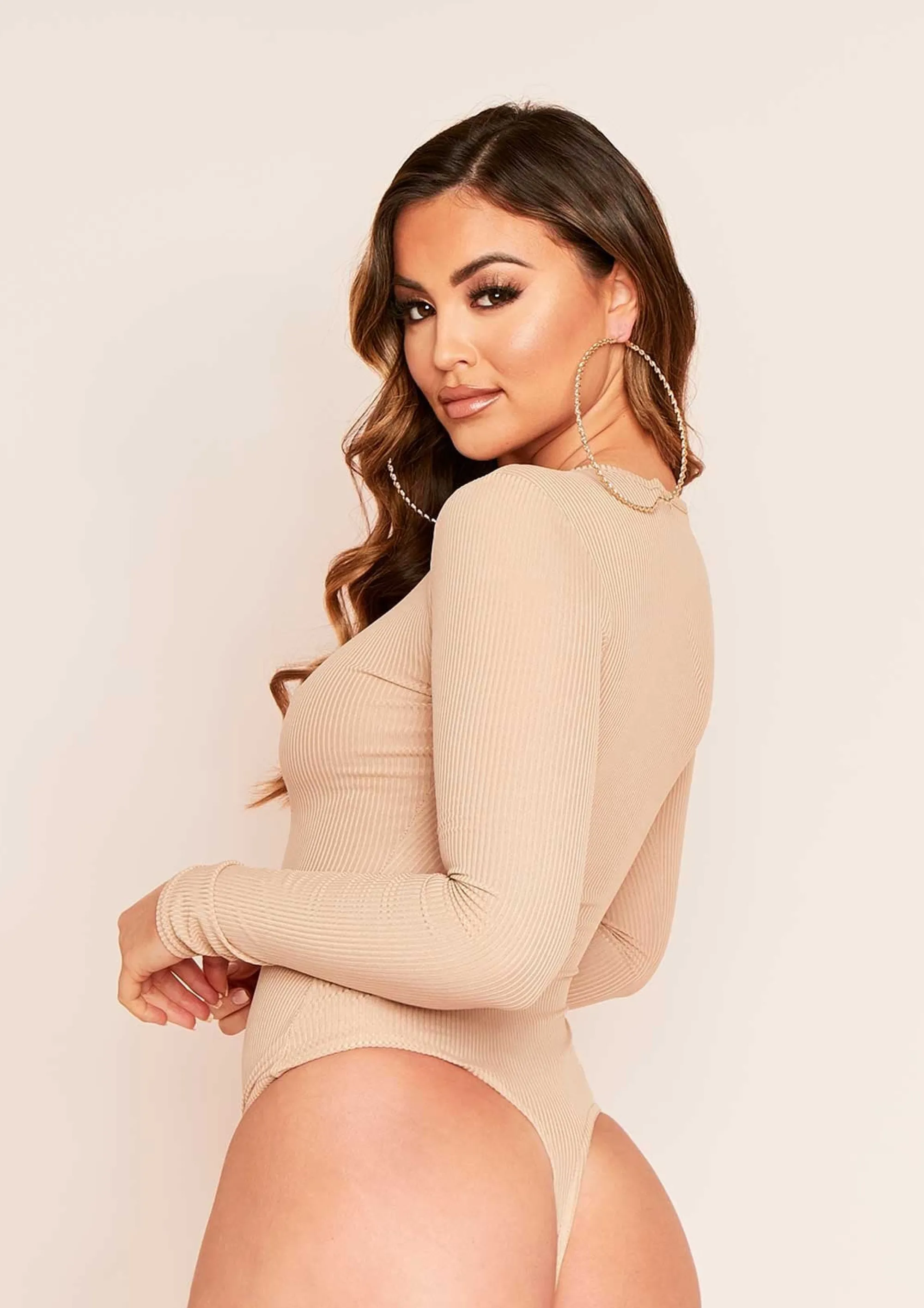 Missy Empire Camila Beige Ribbed Long Sleeve Bodysuit Discount