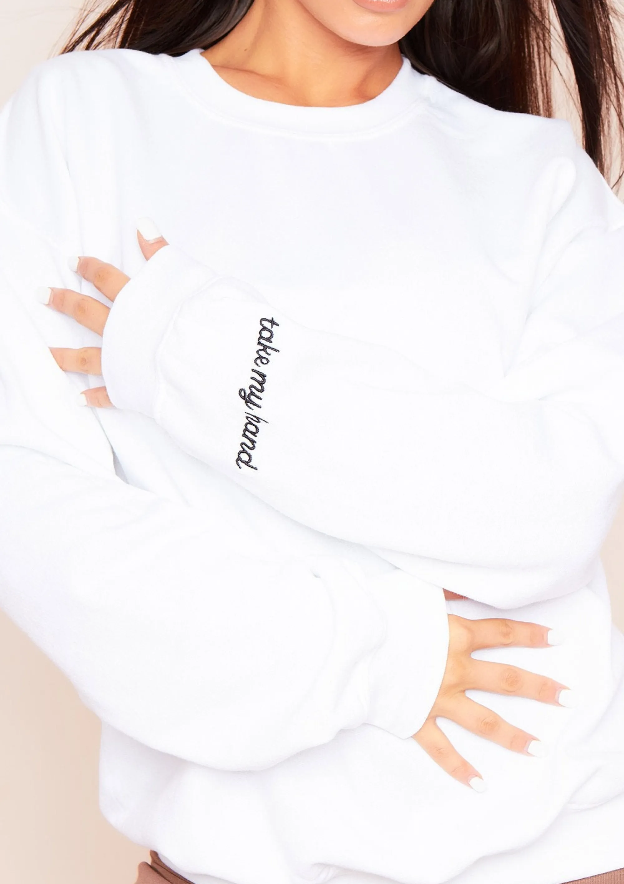 Missy Empire Carina White 'Take My Hand' Emborided Slogan Oversized Sweatshirt Shop