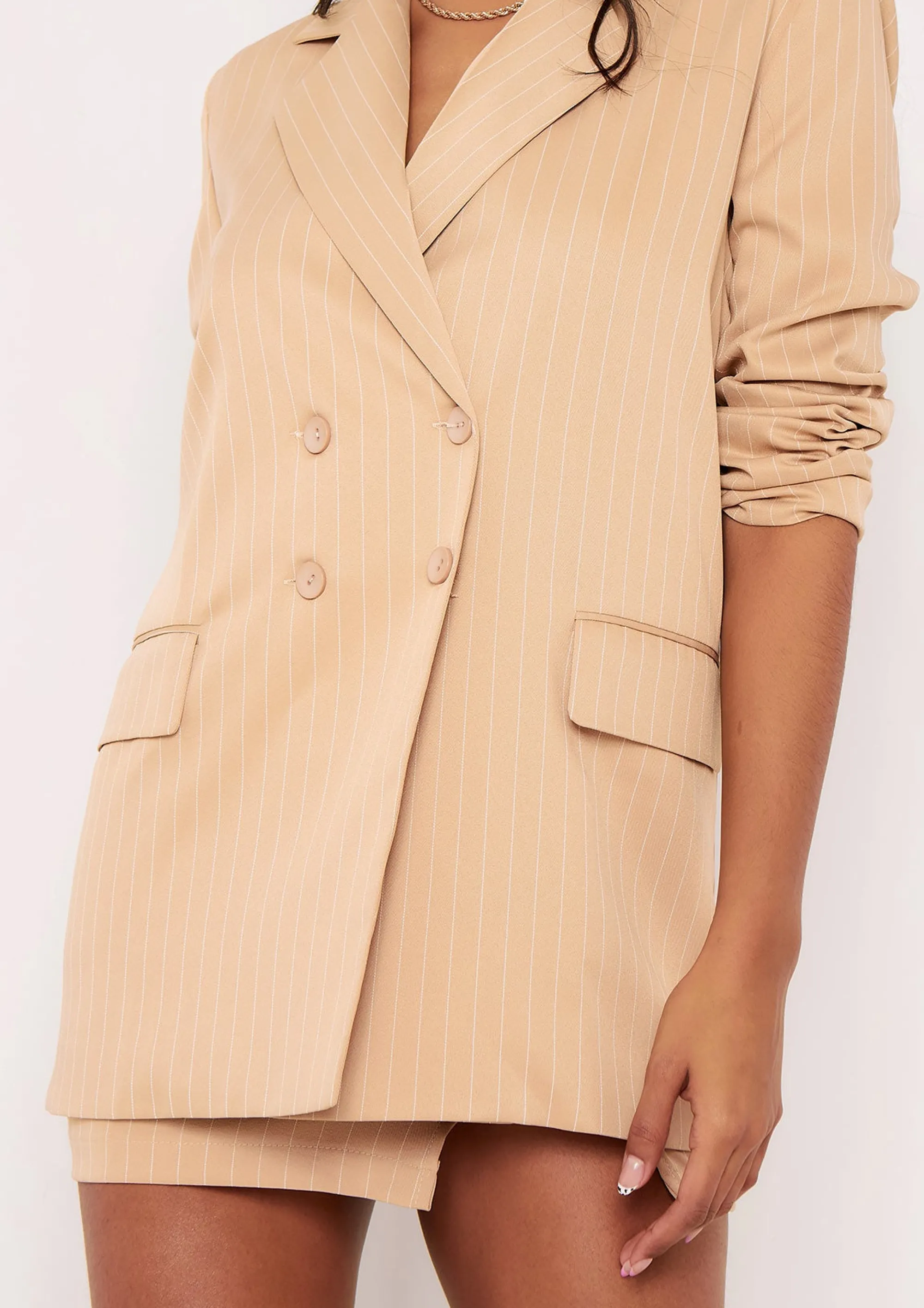 Missy Empire Carlie Beige Pinstripe Double Breasted Oversized Blazer Outlet