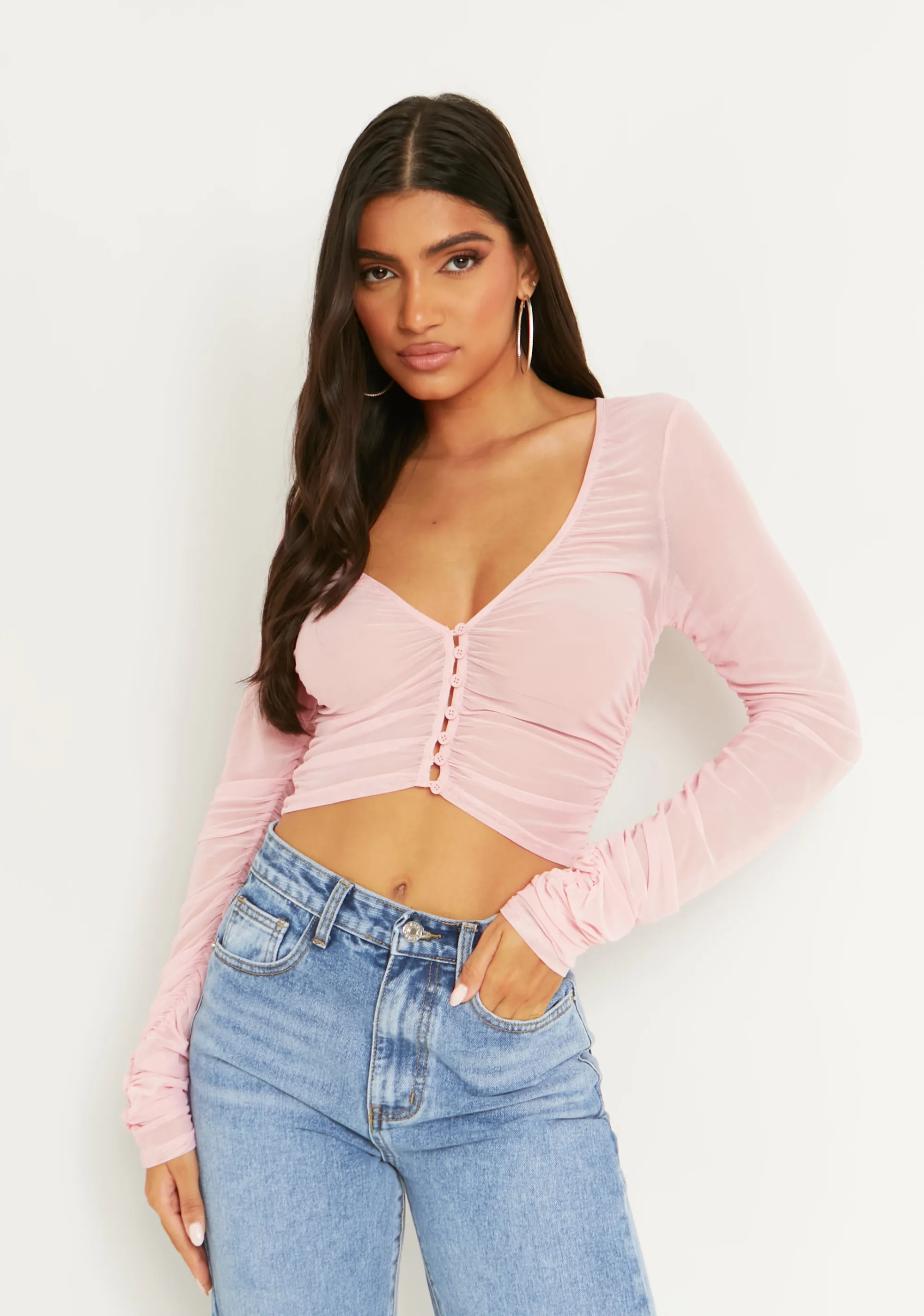 Missy Empire Casey Pink Mesh Button Down Cardigan Top Hot