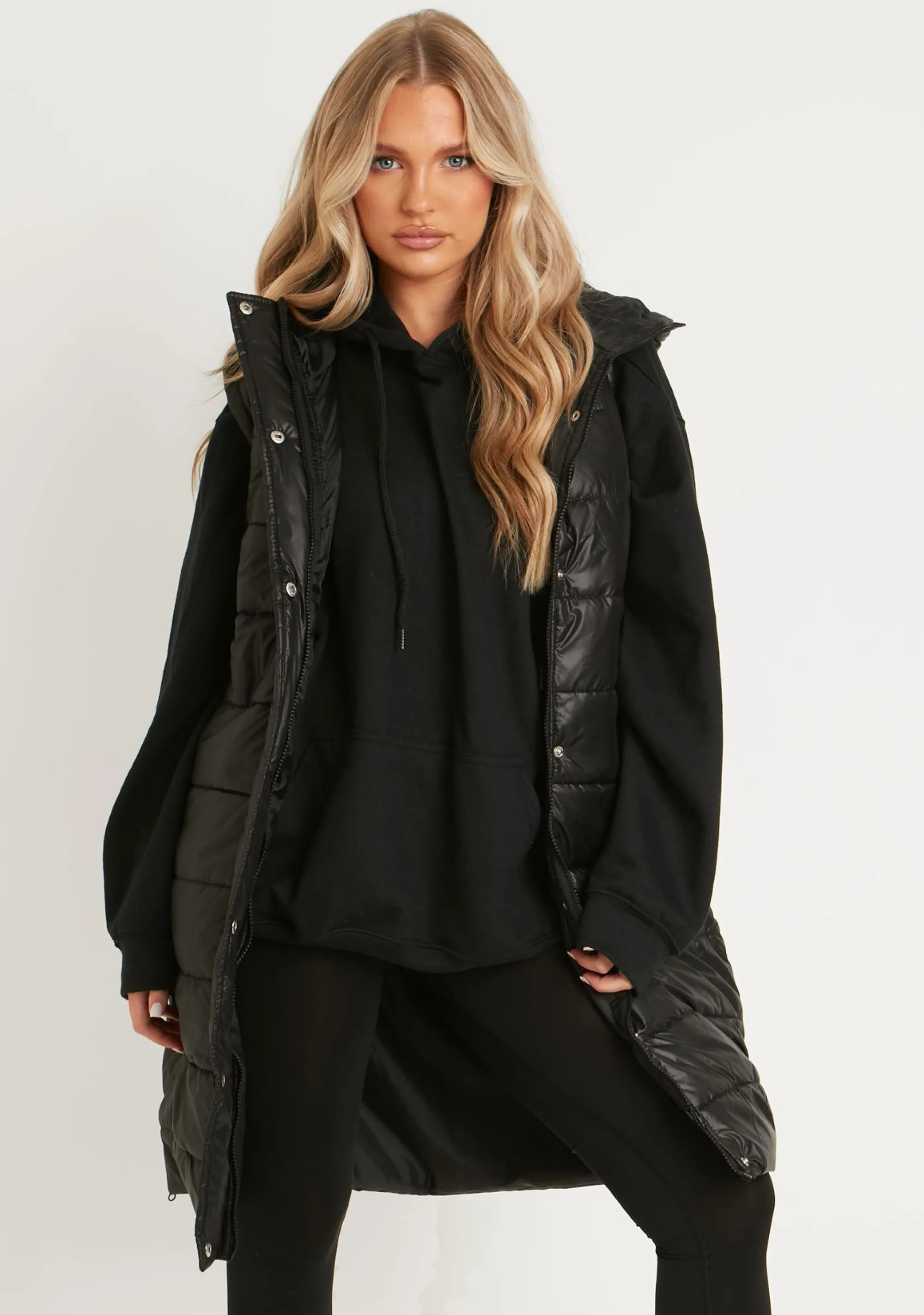 Missy Empire Cathy Black Pu Longline Gilet Puffer Jacket Shop