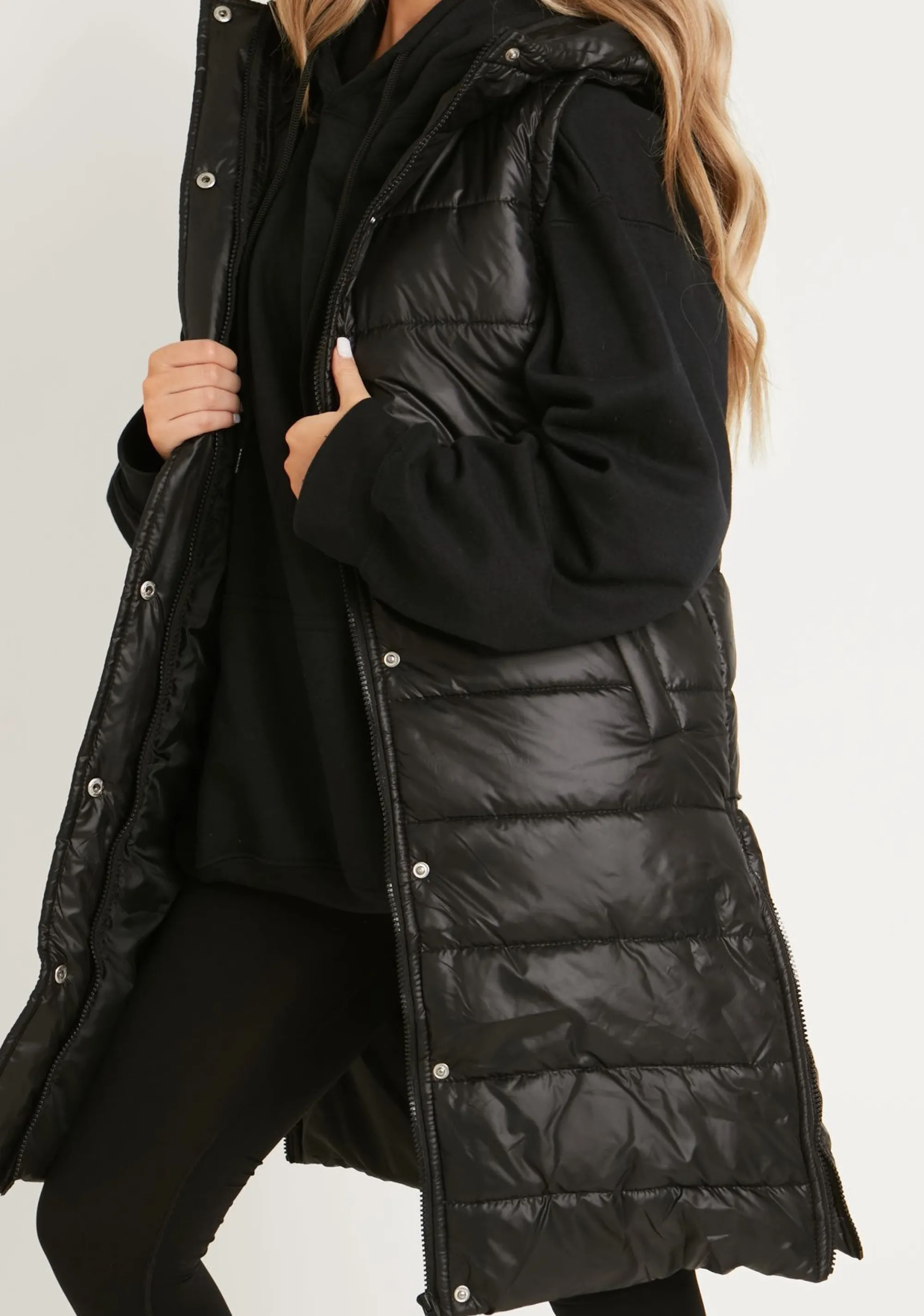 Missy Empire Cathy Black Pu Longline Gilet Puffer Jacket Shop