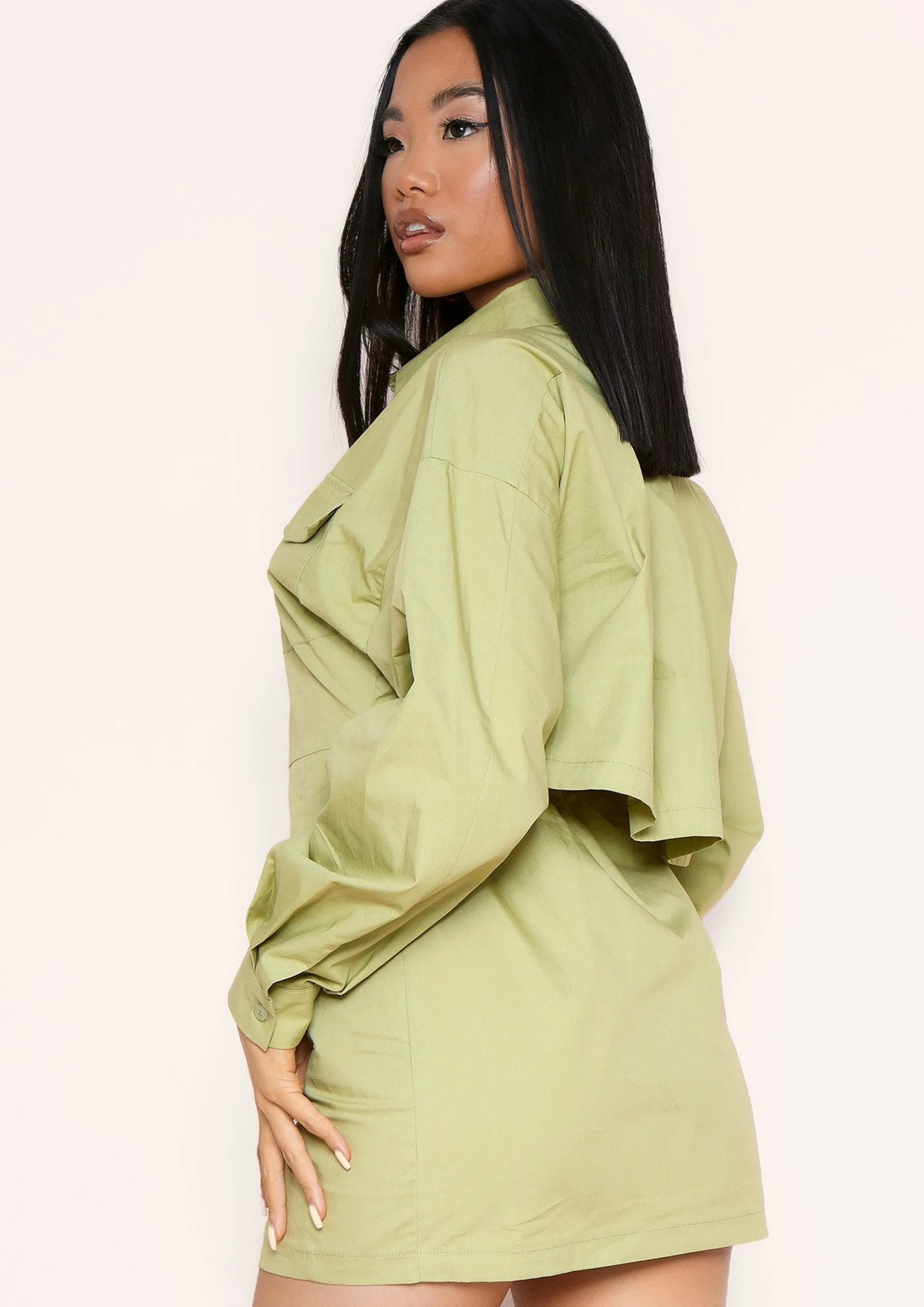 Missy Empire Cecilia Sage Green Pocket Front Back Detail Shirt Dress^Women Dresses