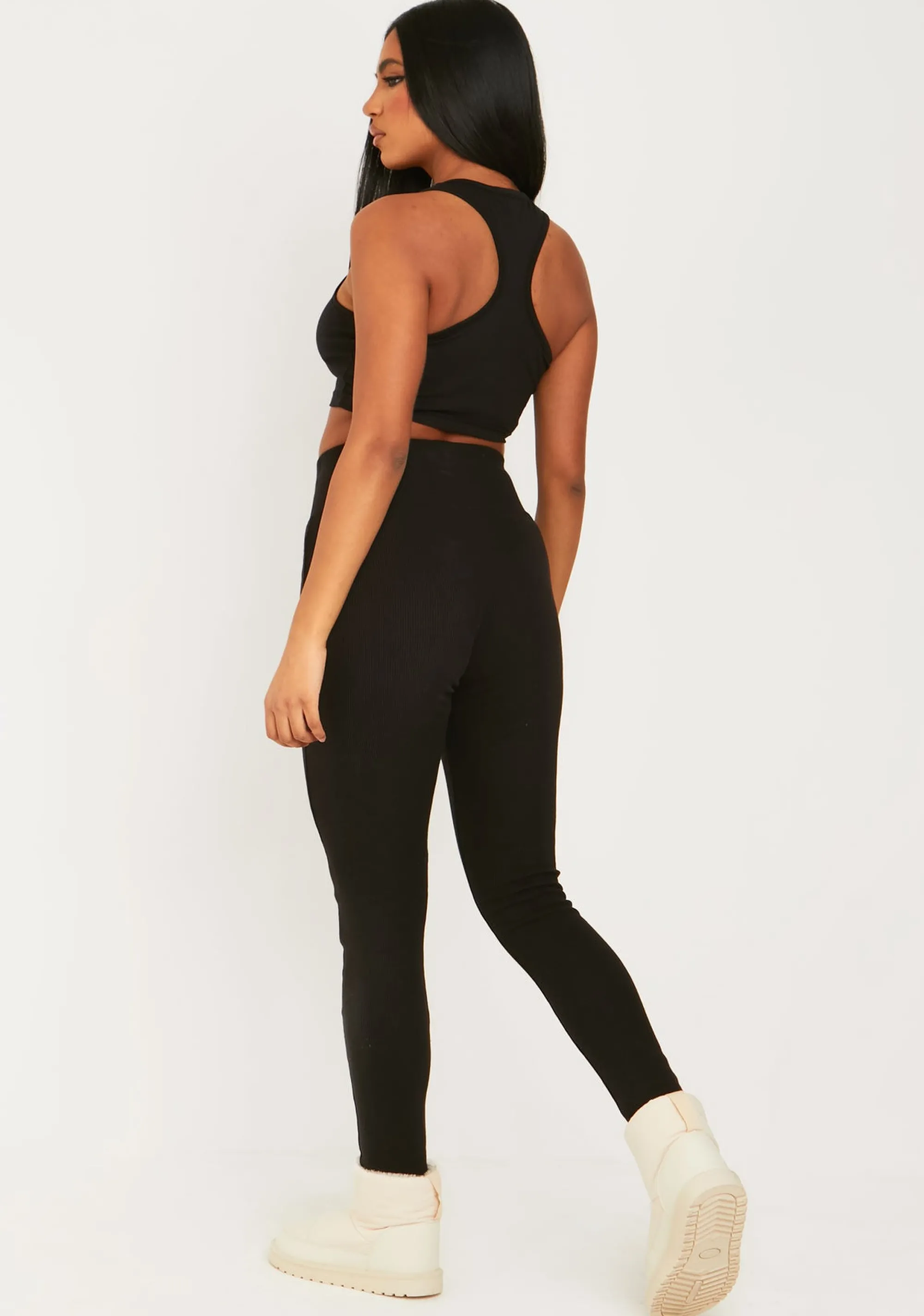 Missy Empire Cerys Black Missy Tab Detail Thick Rib Leggings^Women Loungewear