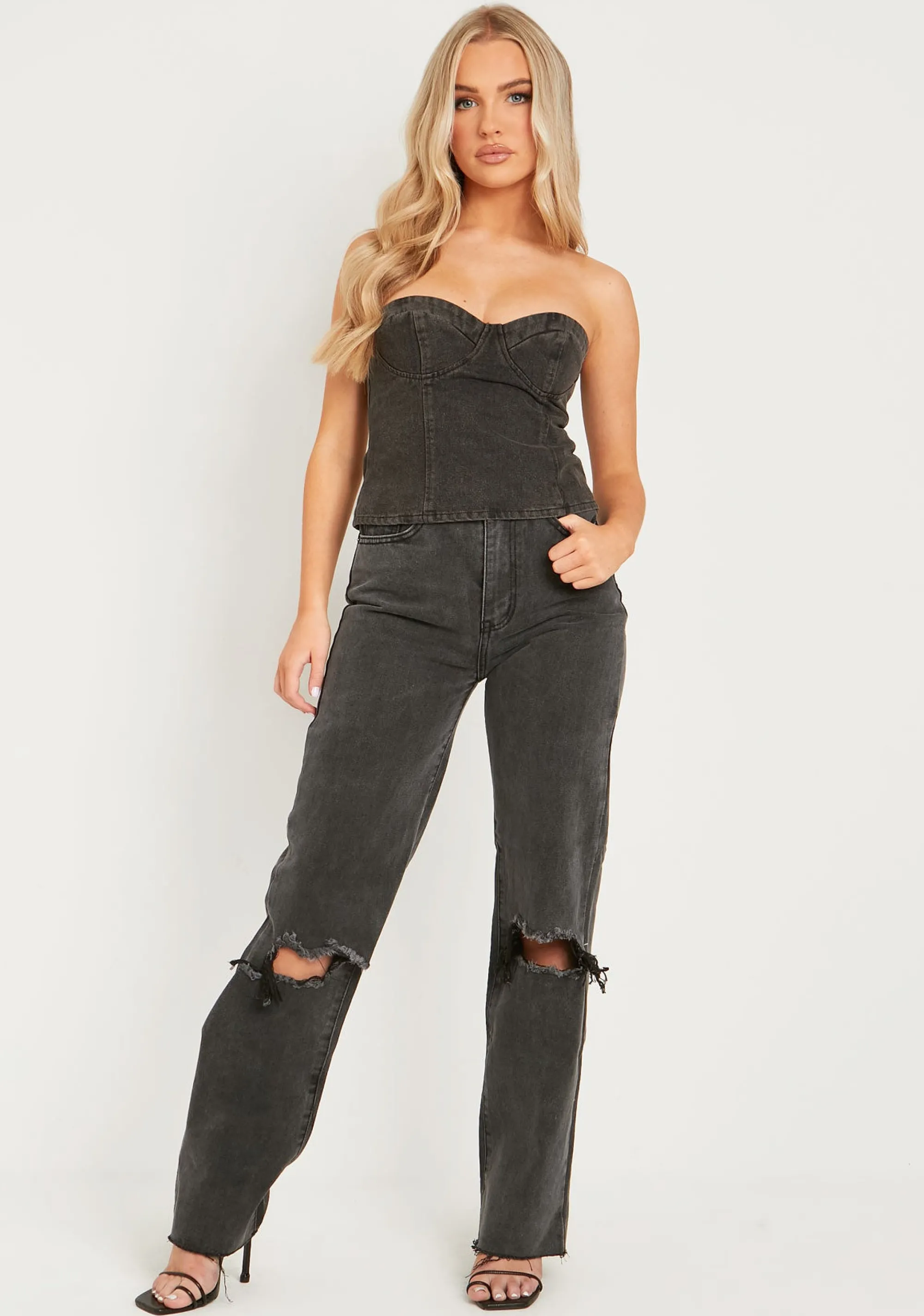 Missy Empire Chantal Black Wash Denim Corset Top Hot