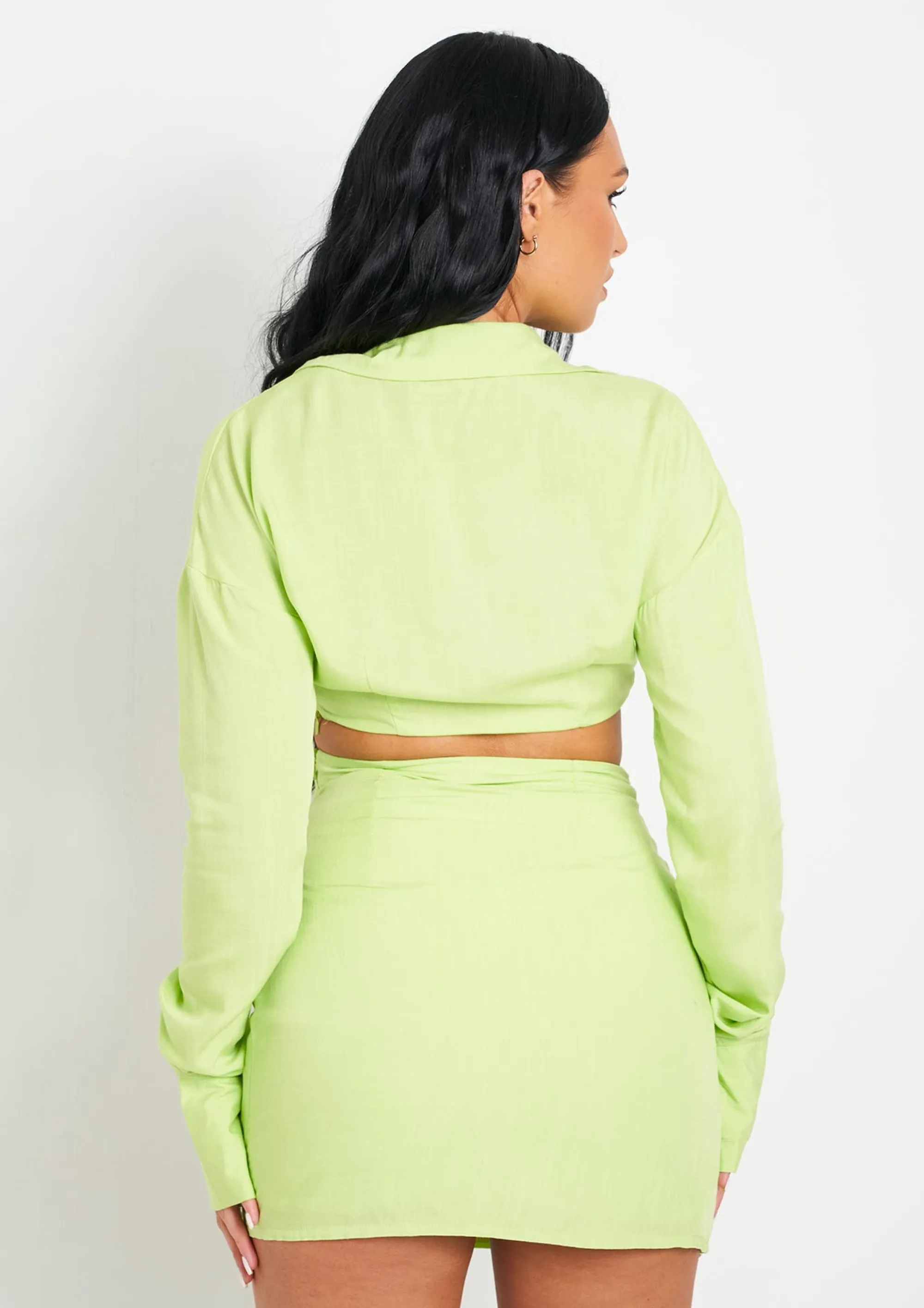 Missy Empire Chaya Lime Linen Twist Front Cropped Shirt Clearance