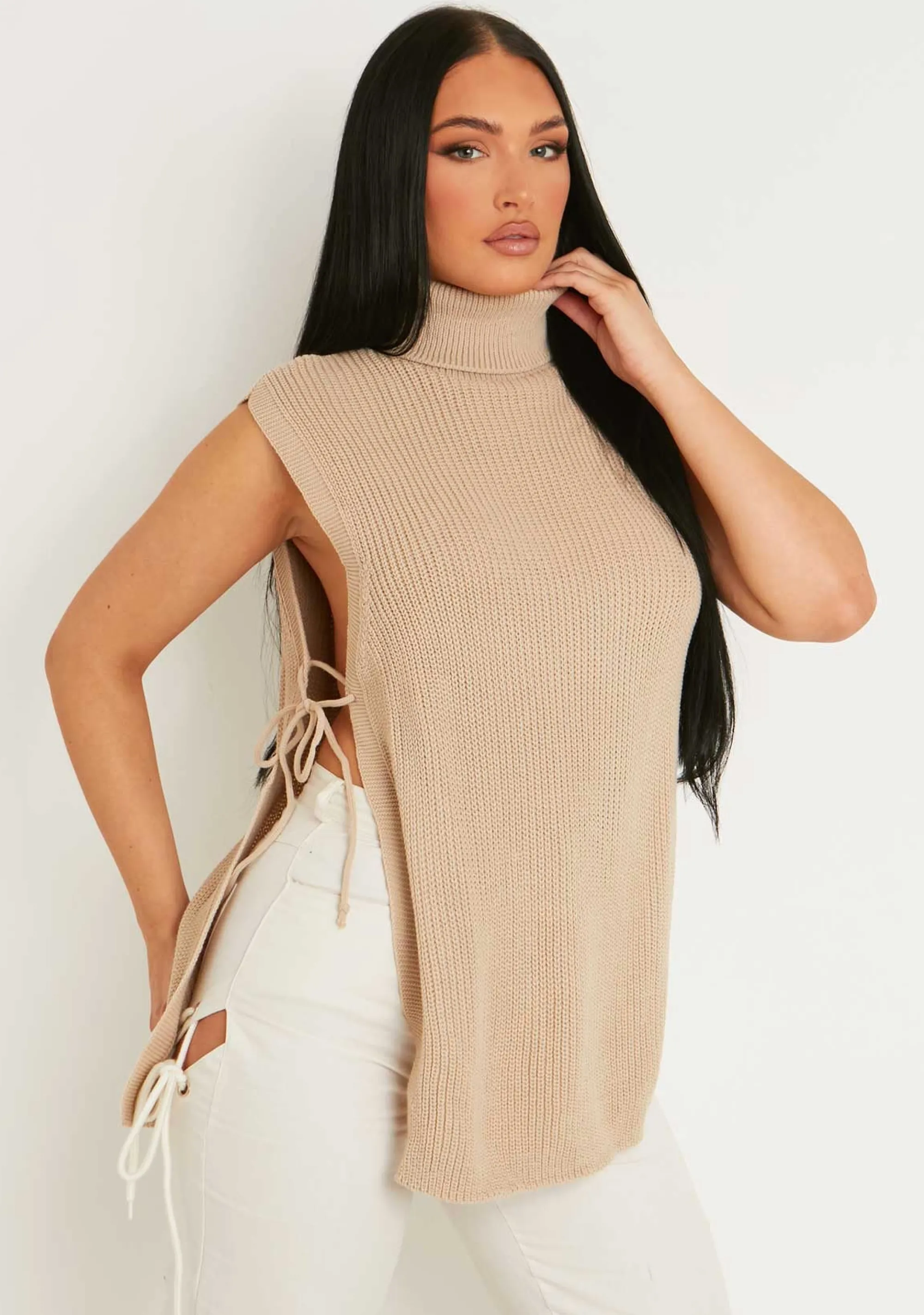 Missy Empire Cheryl Beige Knitted Roll Neck Tie Side Vest Cheap