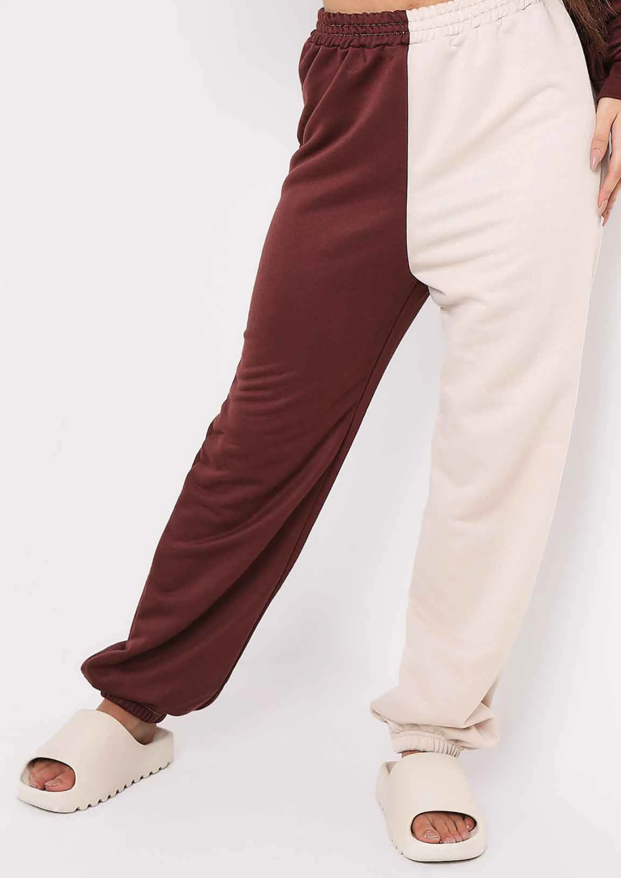 Missy Empire Cheryl Chocolate Beige Two Colour Splice Jogger^Women Tracksuits