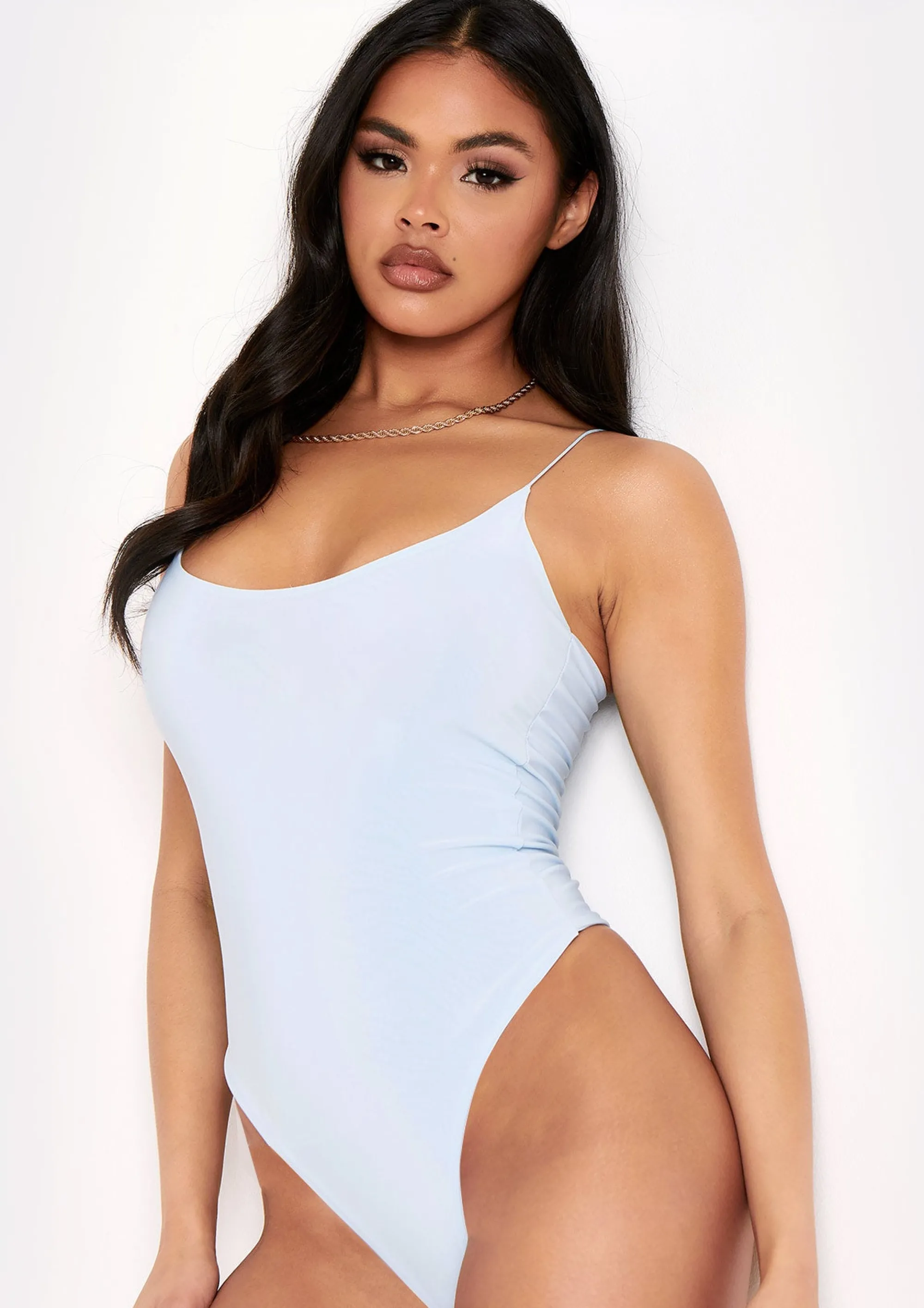 Missy Empire Chi Pastel Blue Slinky Double Thickness Strappy Bodysuit Hot