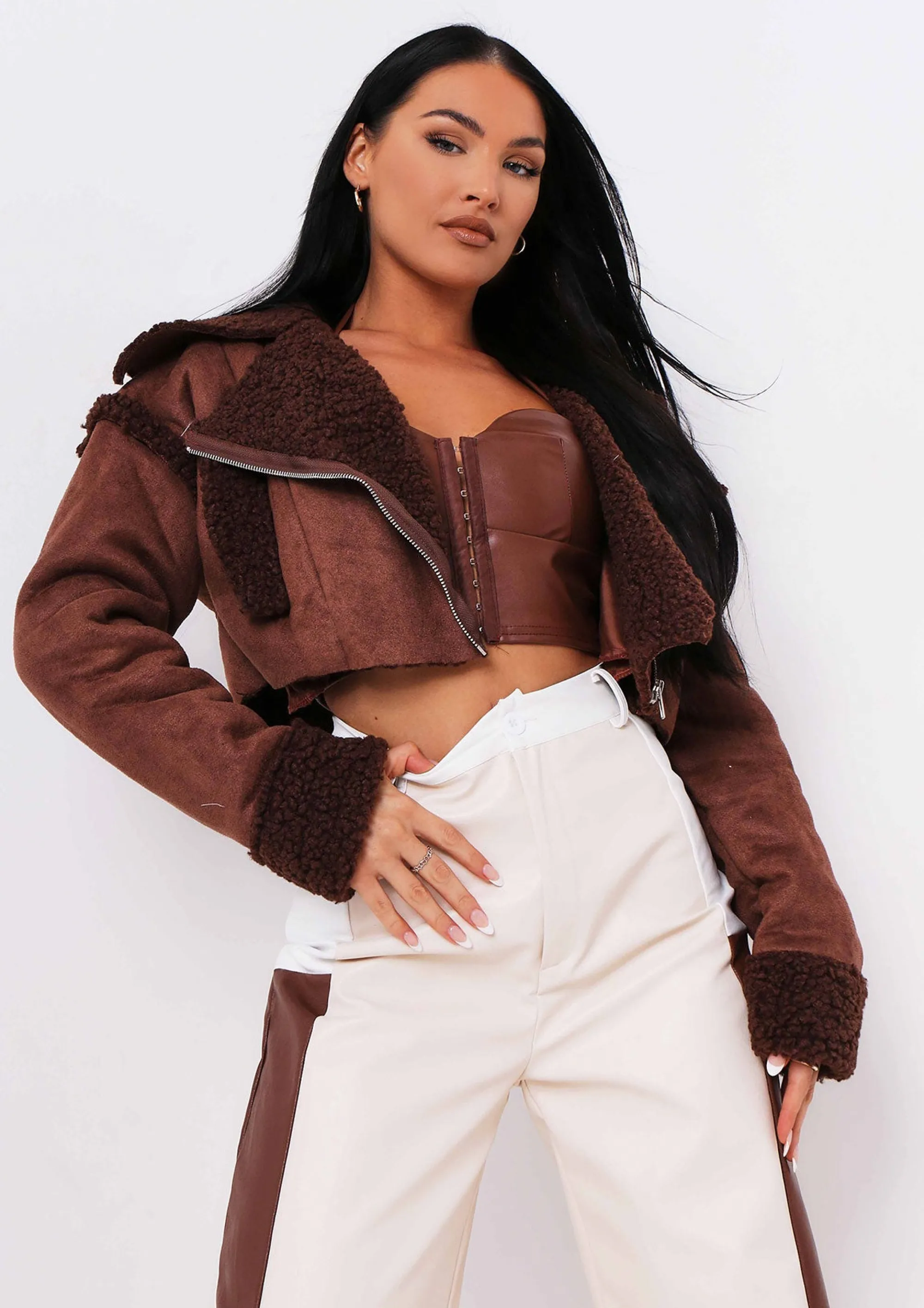 Missy Empire Cindy Chocolate Cropped Zipped Borg Coat Discount