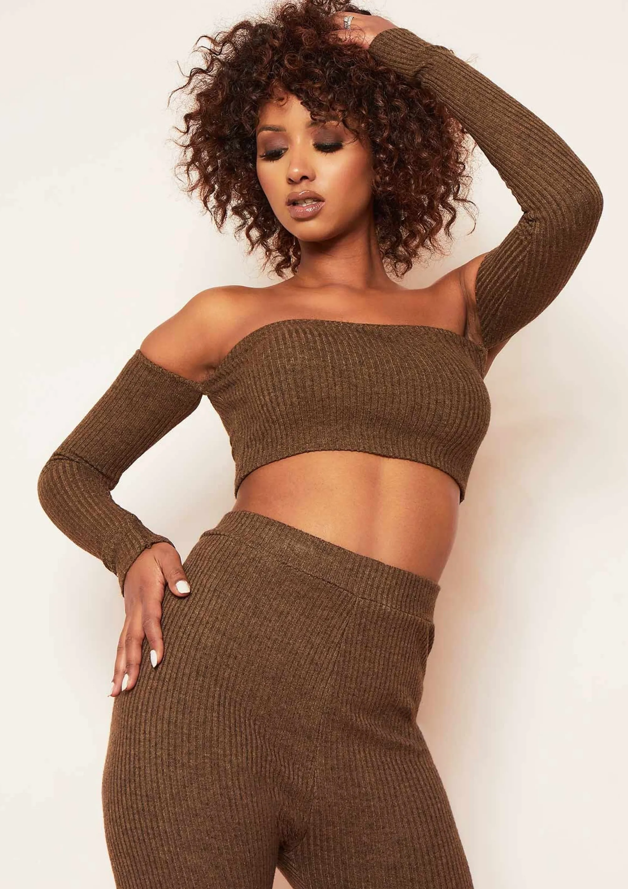 Missy Empire Claire Chocolate Soft Rib Bardot Long Sleeve Crop Top Online