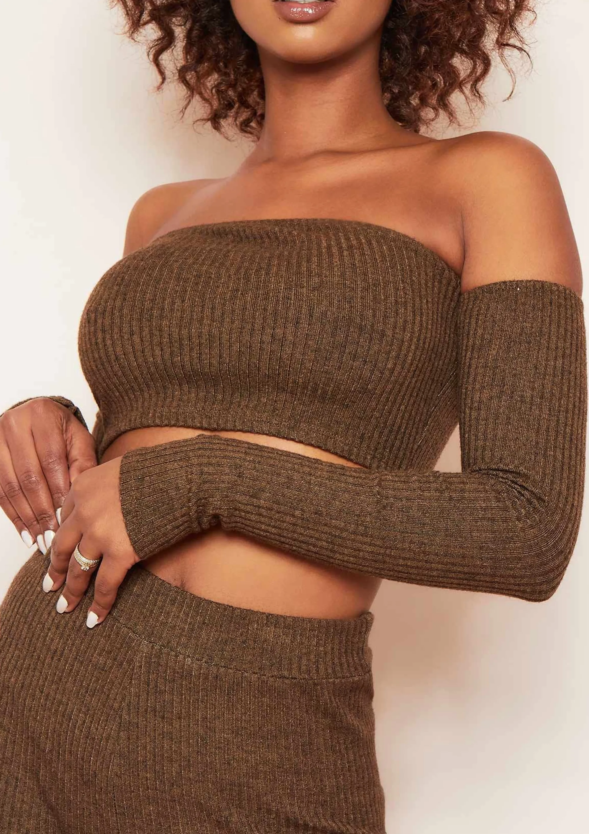 Missy Empire Claire Chocolate Soft Rib Bardot Long Sleeve Crop Top Online