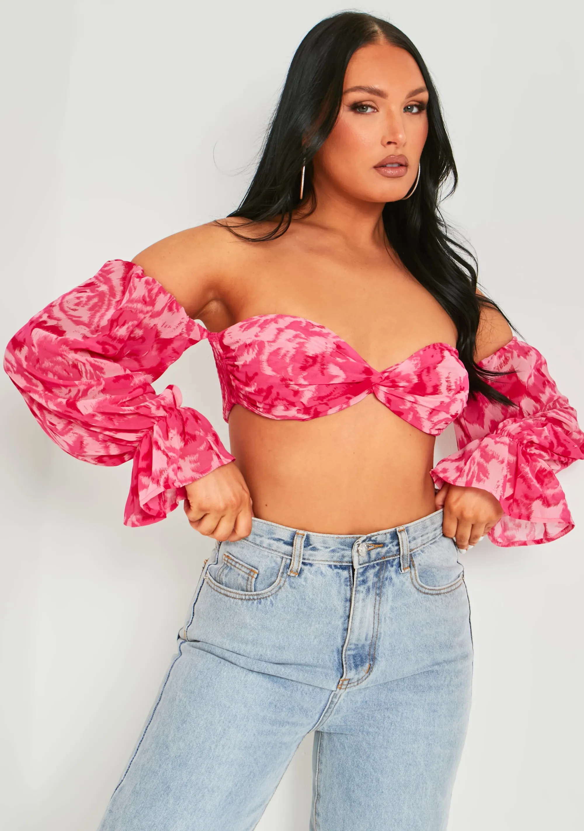 Missy Empire Colleen Pink Puff Sleeve Bardot Crop Top Fashion