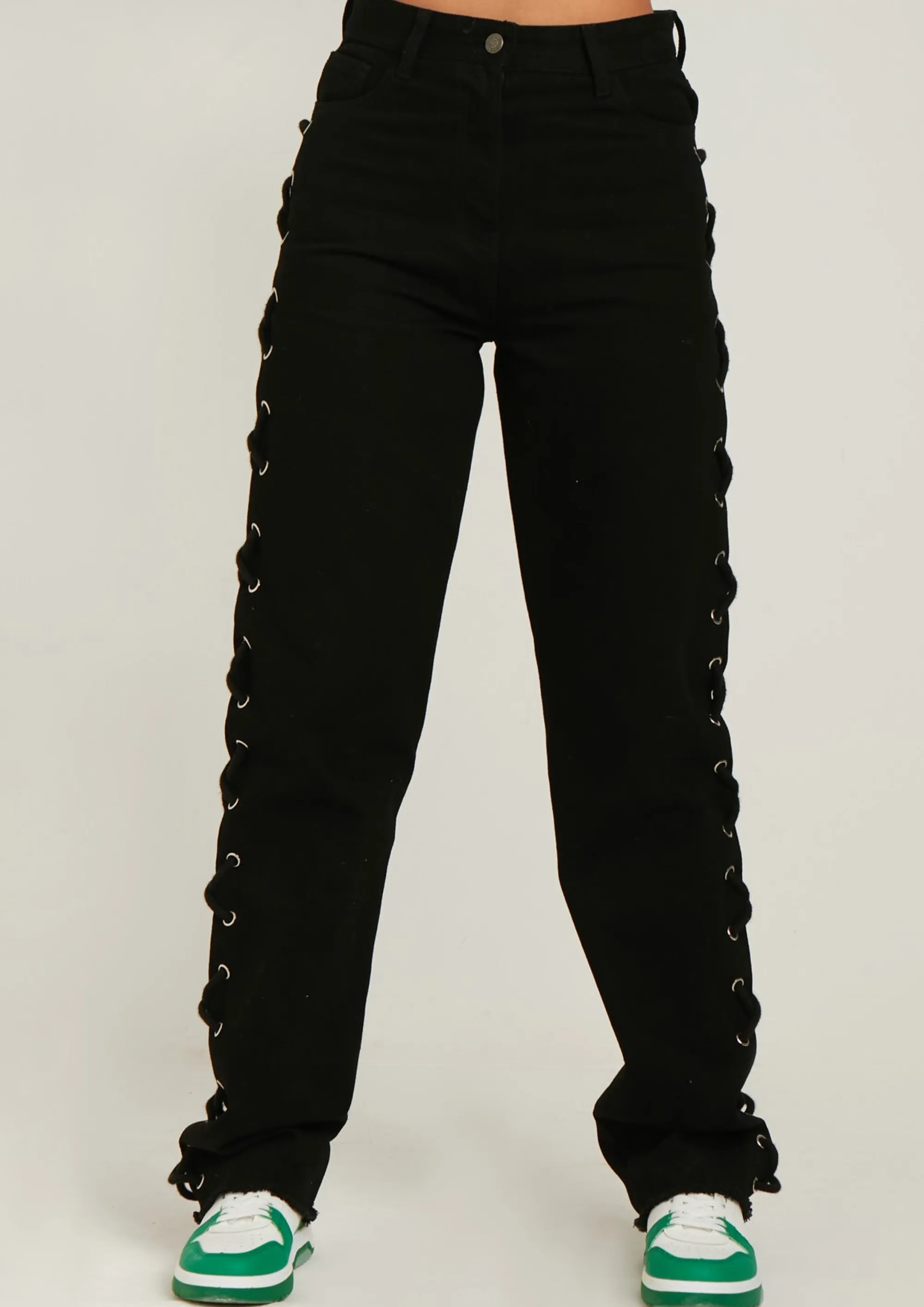 Missy Empire Connie Black Lace Up Side Mom Jeans Store