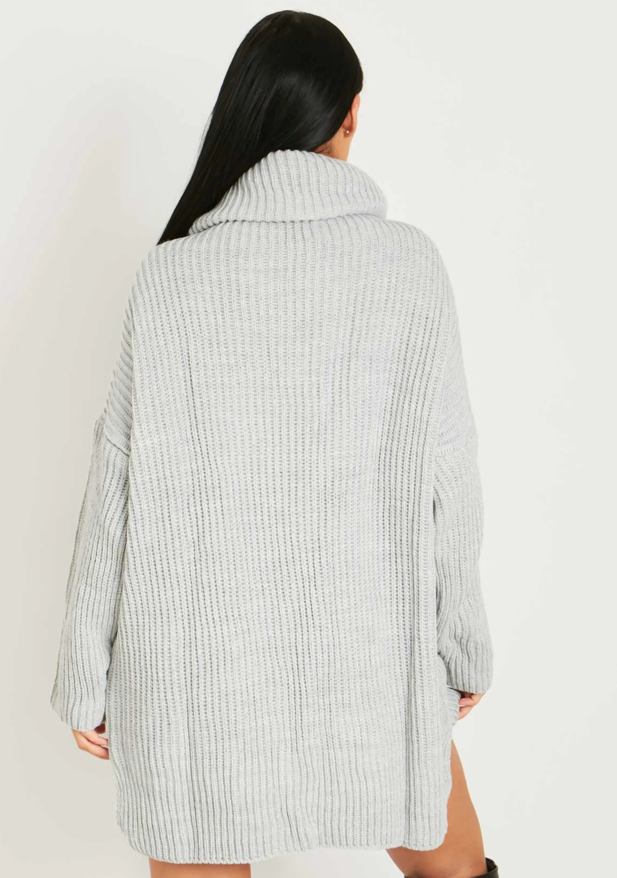 Missy Empire Courtney Light Grey Roll Neck Knitted Dip Hem Jumper Dress^Women Dresses