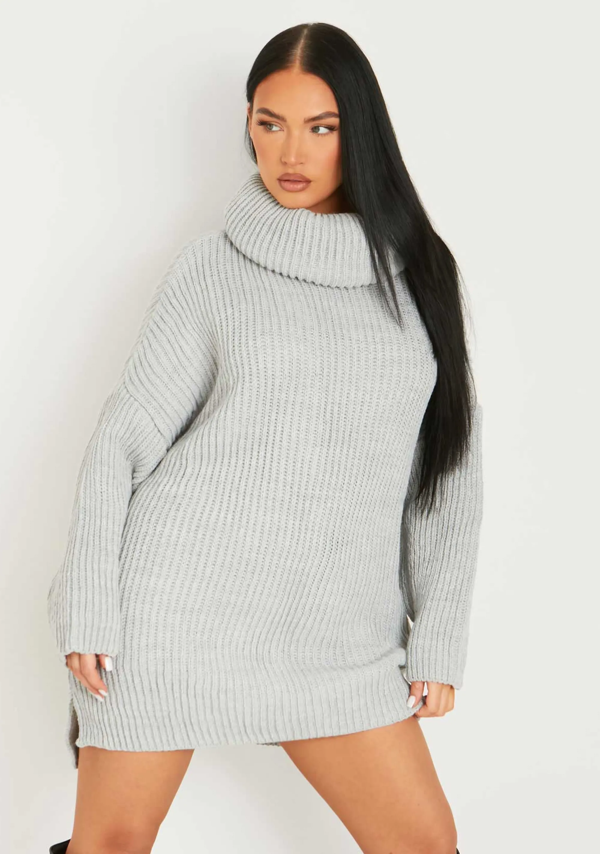 Missy Empire Courtney Light Grey Roll Neck Knitted Dip Hem Jumper Dress^Women Dresses