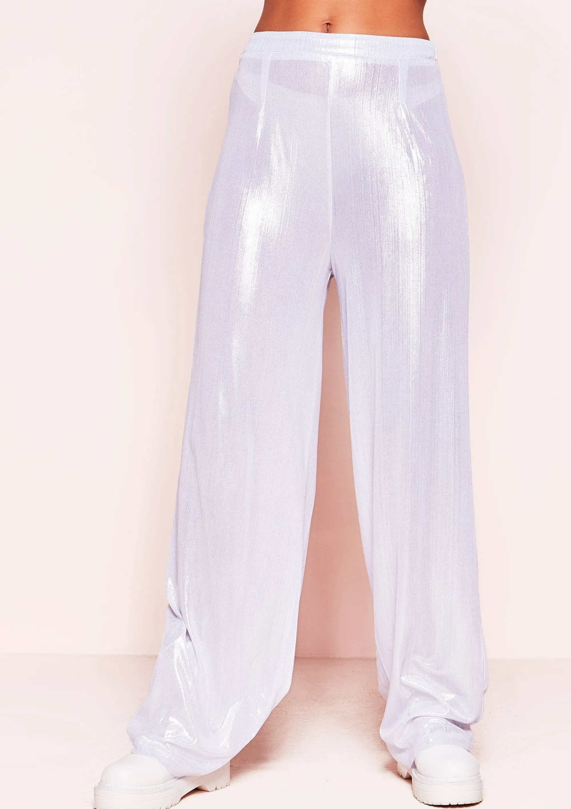 Missy Empire Crystal Silver Metallic Wide Leg Trousers^Women Trousers