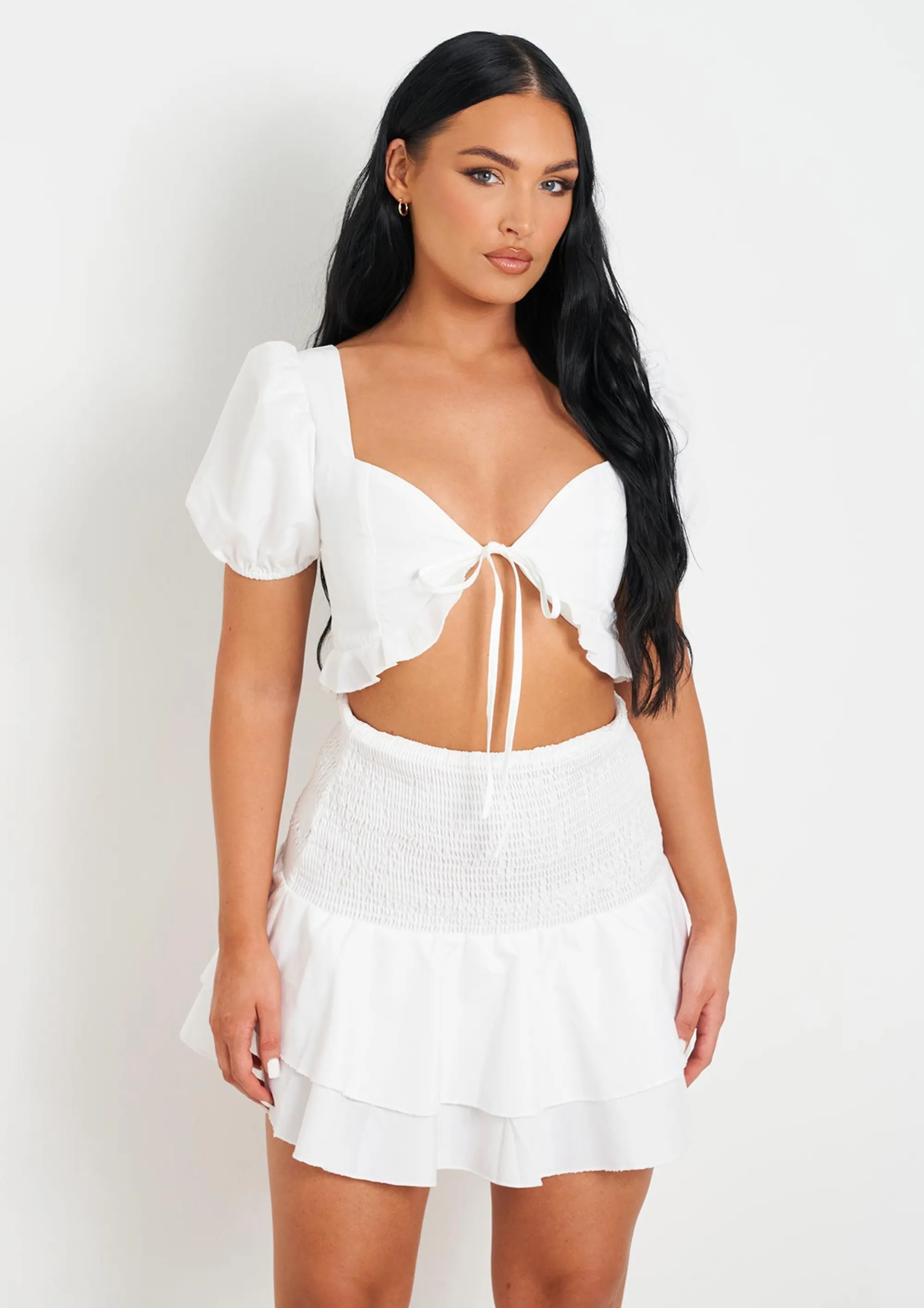 Missy Empire Crystal White Woven Shirred Back Tie Front Crop Top Cheap