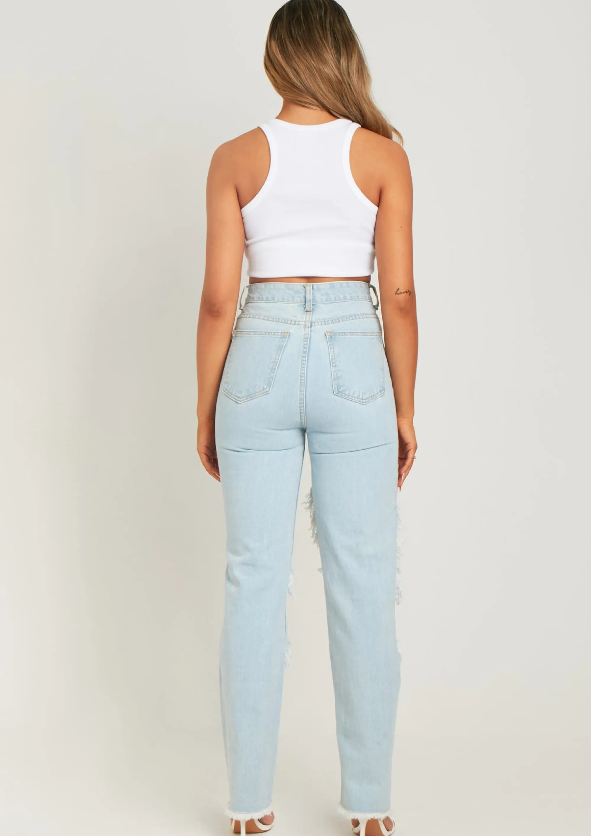 Missy Empire Cyntoia Blue High Waisted Cut Out Ripped Denim Jeans Cheap