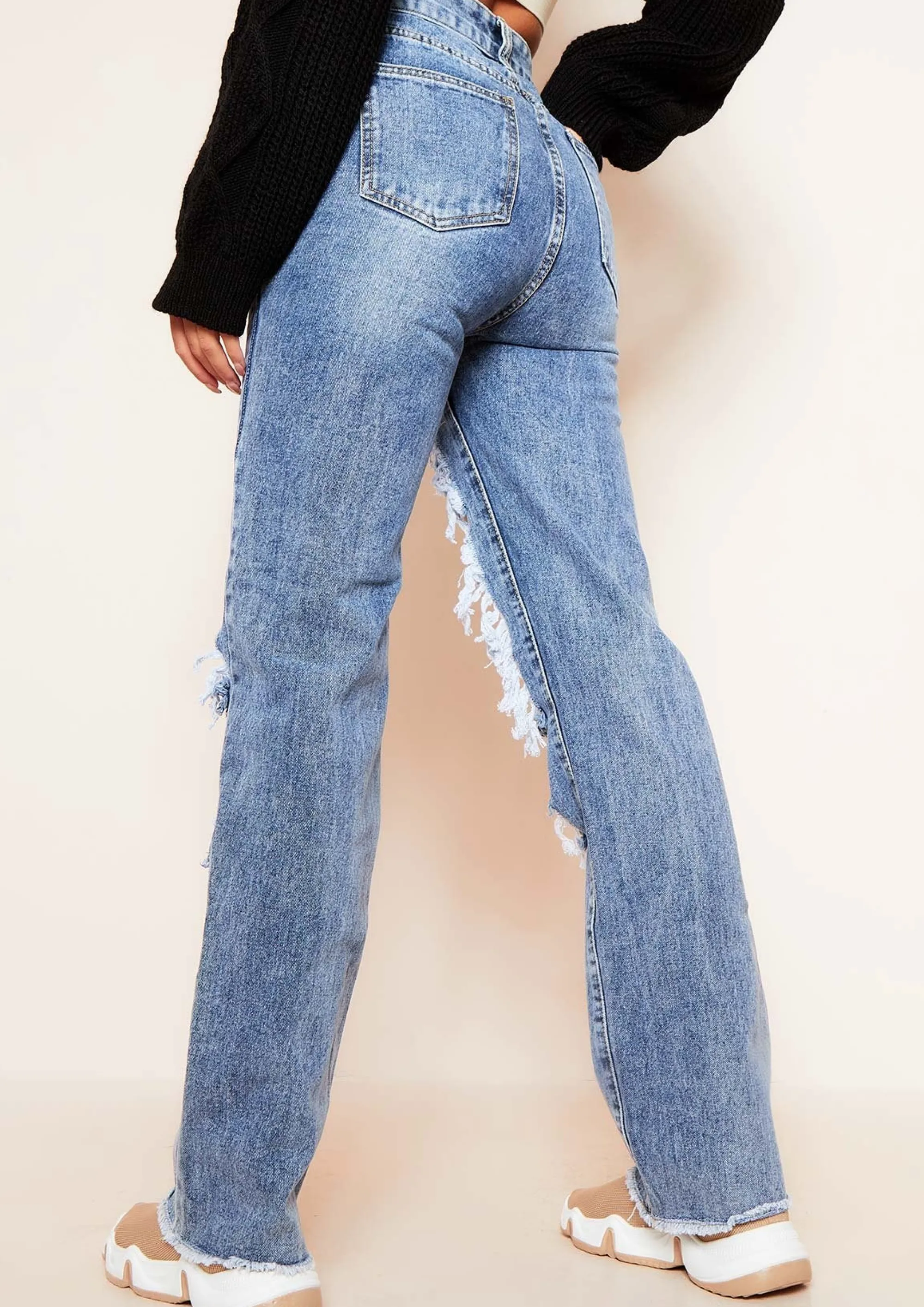 Missy Empire Cyntoia Blue Mid Wash High Waisted Cut Out Ripped Denim Straight Leg Jeans Online