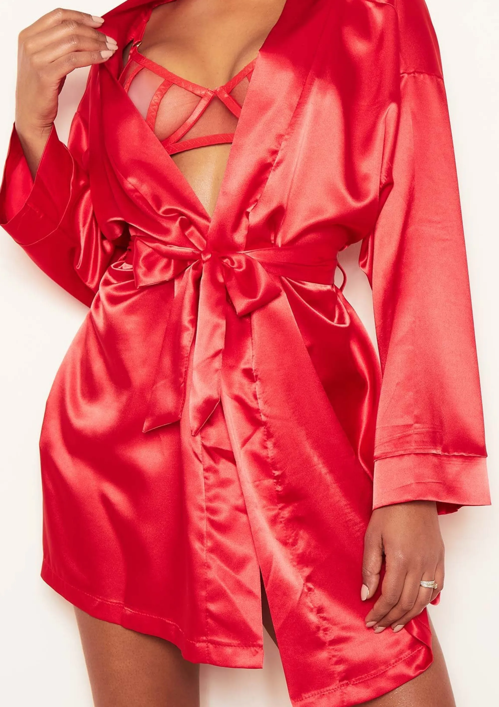 Missy Empire Demi Red Satin Tie Waist Robe^Women Nightwear