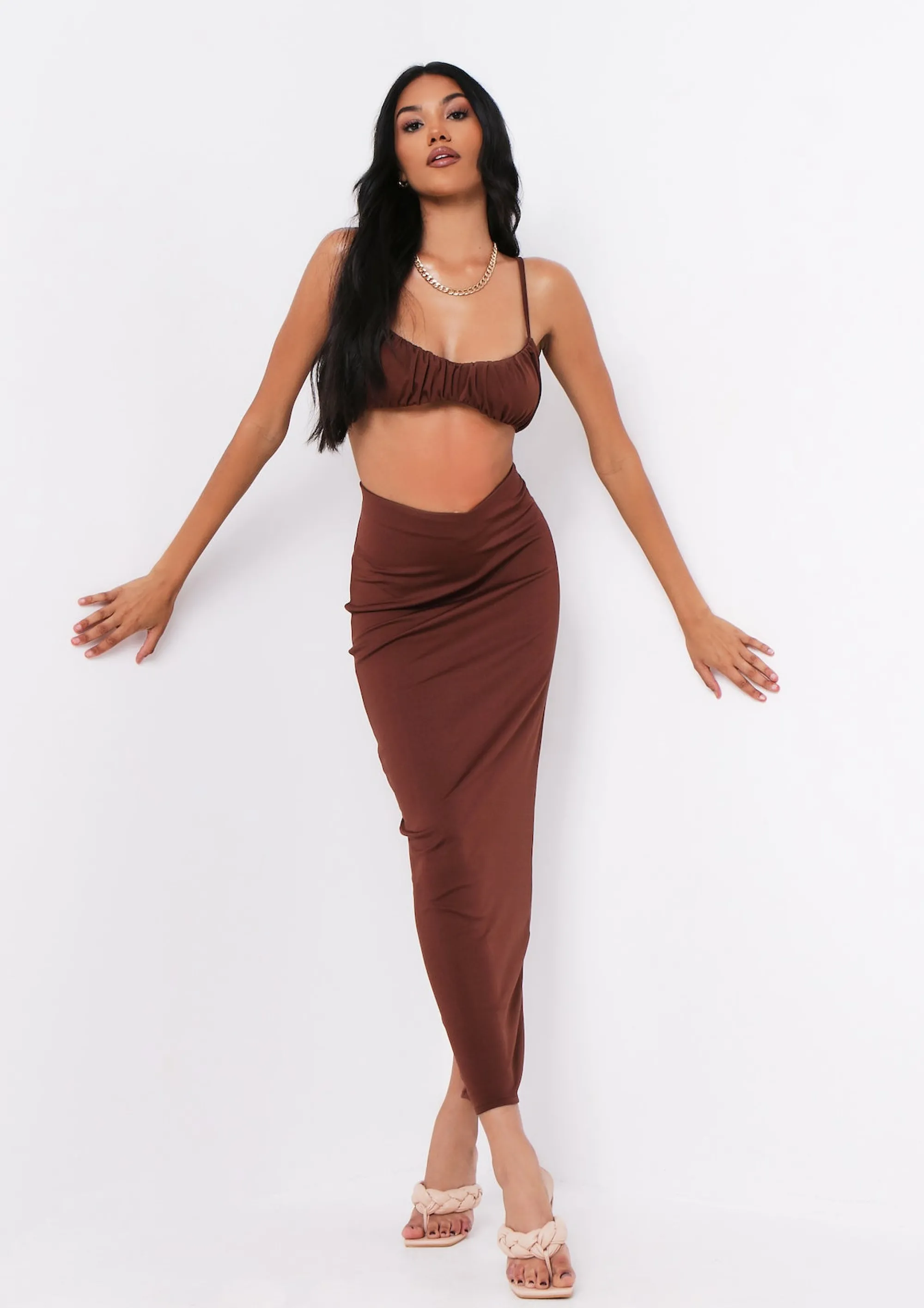 Missy Empire Dulcie Chocolate High Waisted Co-Ord Maxi Skirt New