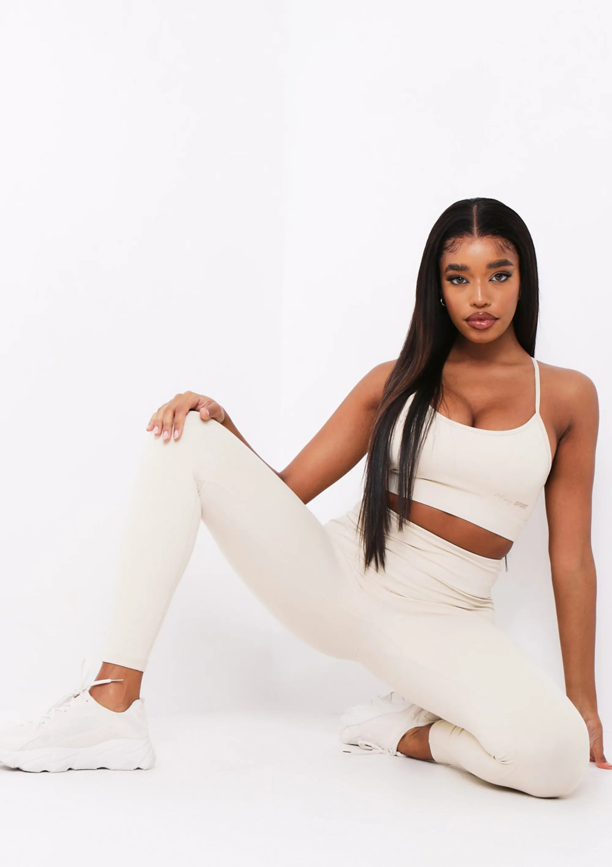 Missy Empire Eleanor Sand Missy Sport Strappy Crop Gym Top^Women Activewear