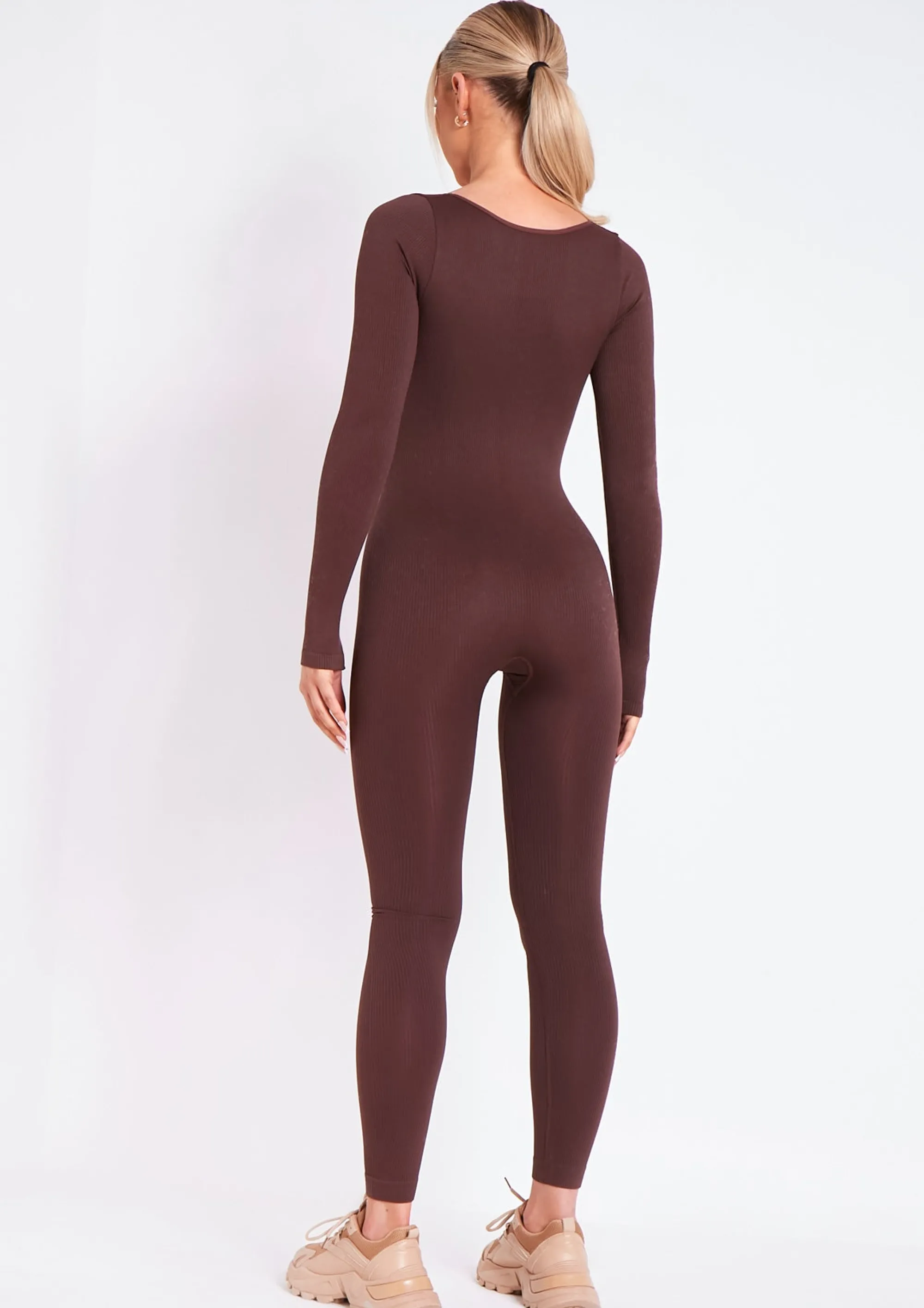 Missy Empire Eli Chocolate Plunge Ribbed Seamless Long Sleeve Jumpsuit^Women Seamless & Shapewear