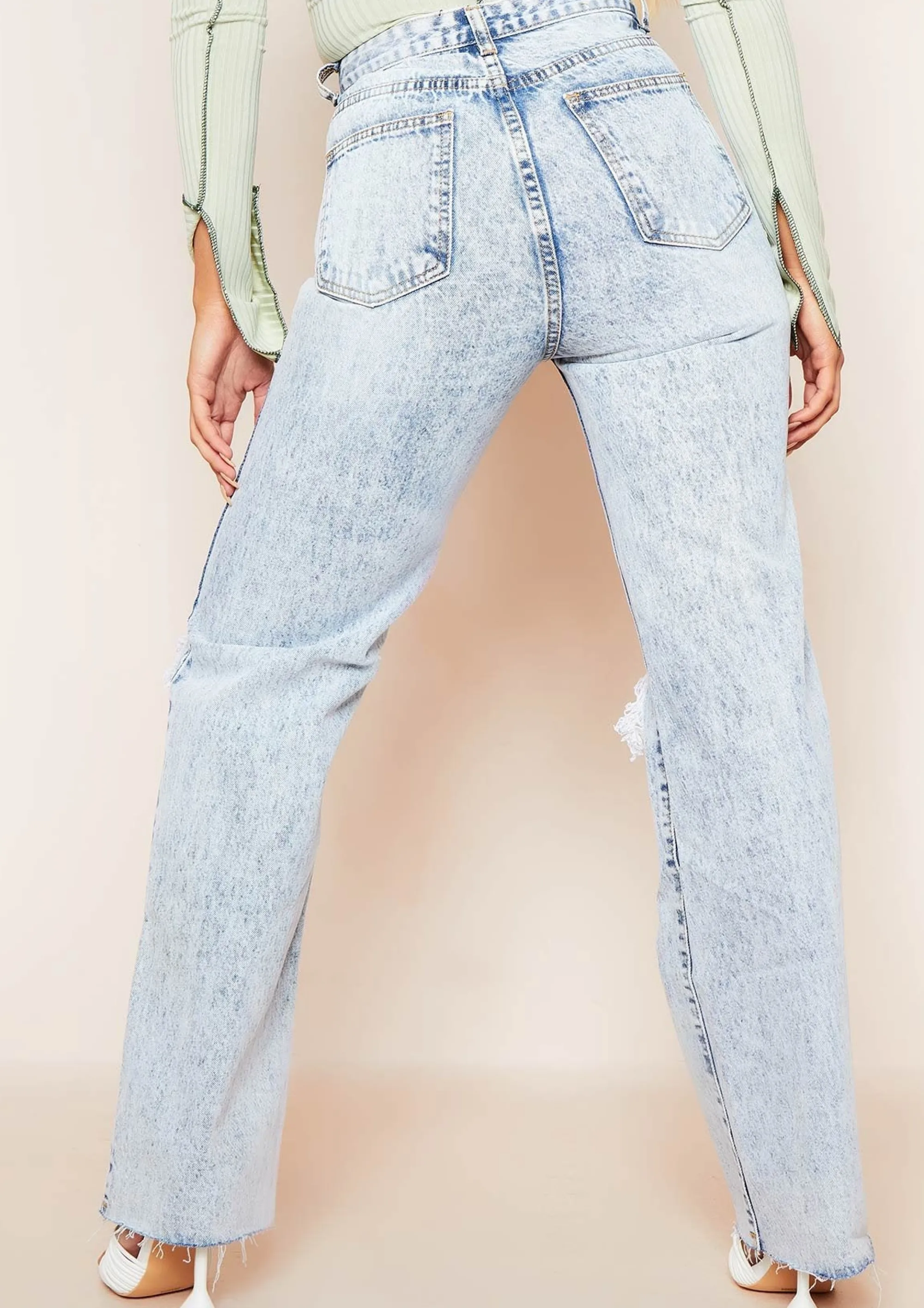 Missy Empire Elif Denim Acid Wash Ripped Knee Distressed Hem Straight Leg Jeans Cheap