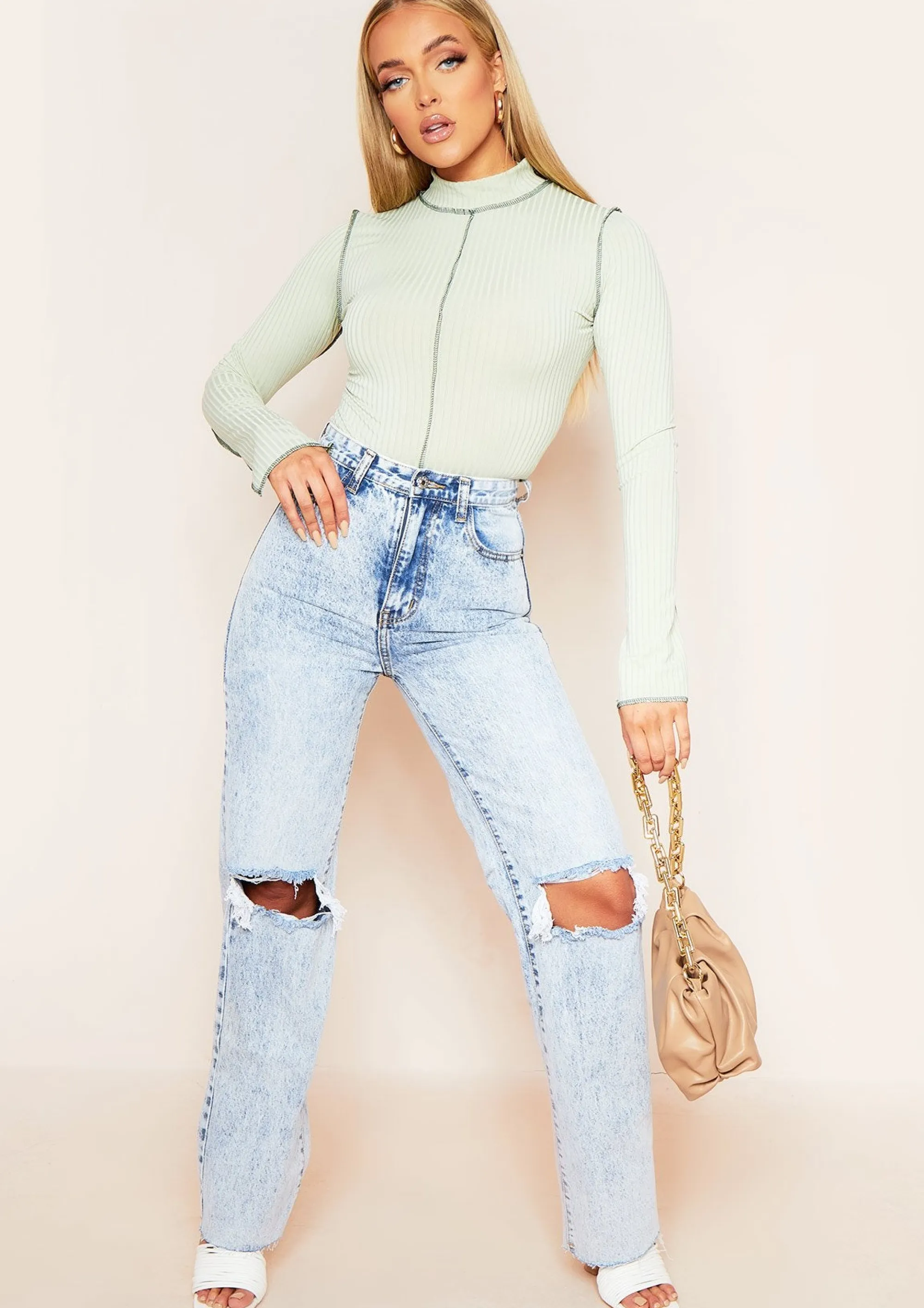 Missy Empire Elif Denim Acid Wash Ripped Knee Distressed Hem Straight Leg Jeans Cheap