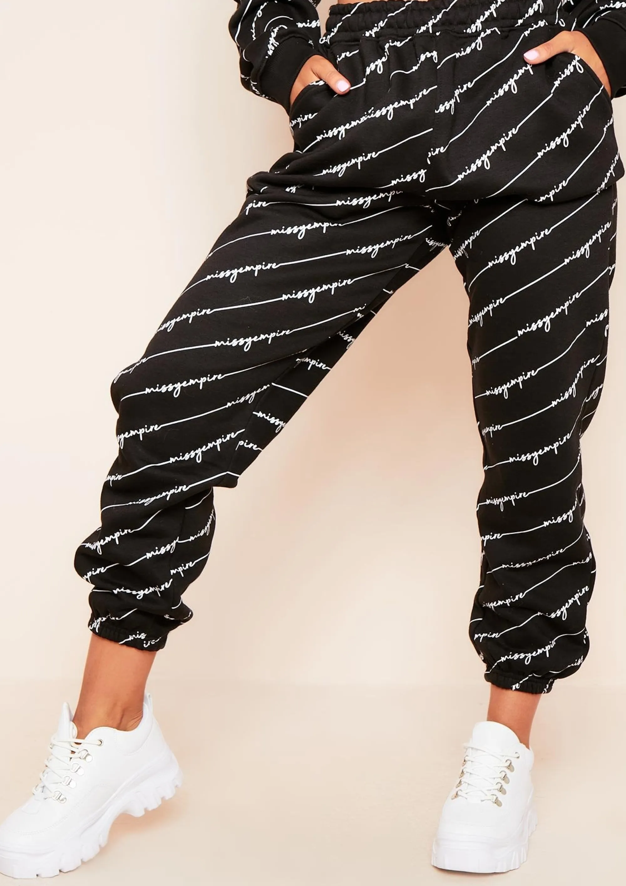 Missy Empire Eliora Black Repetitive Slogan Joggers Clearance