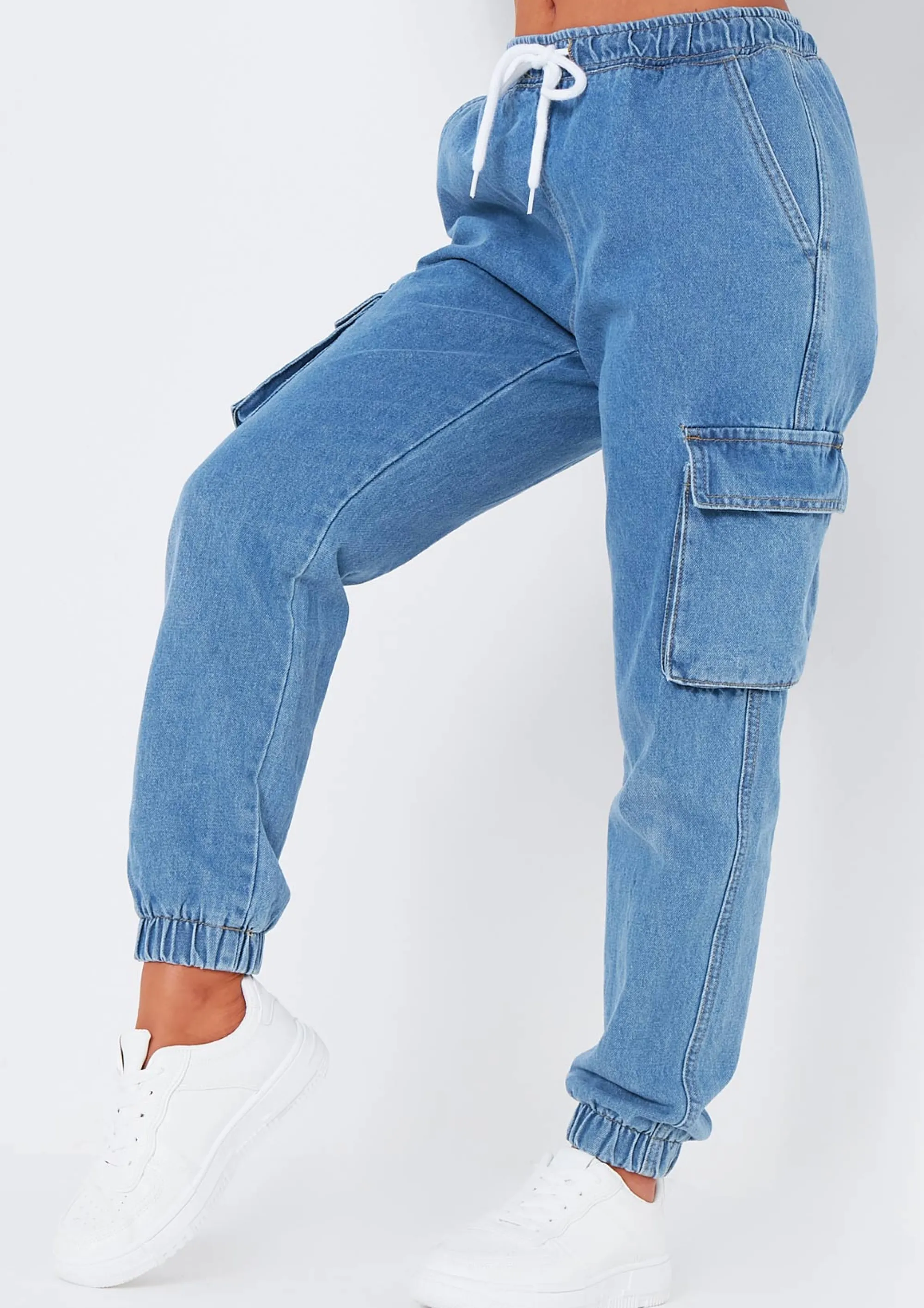 Missy Empire Eliza Mid Wash Denim Cargo Jeans Fashion