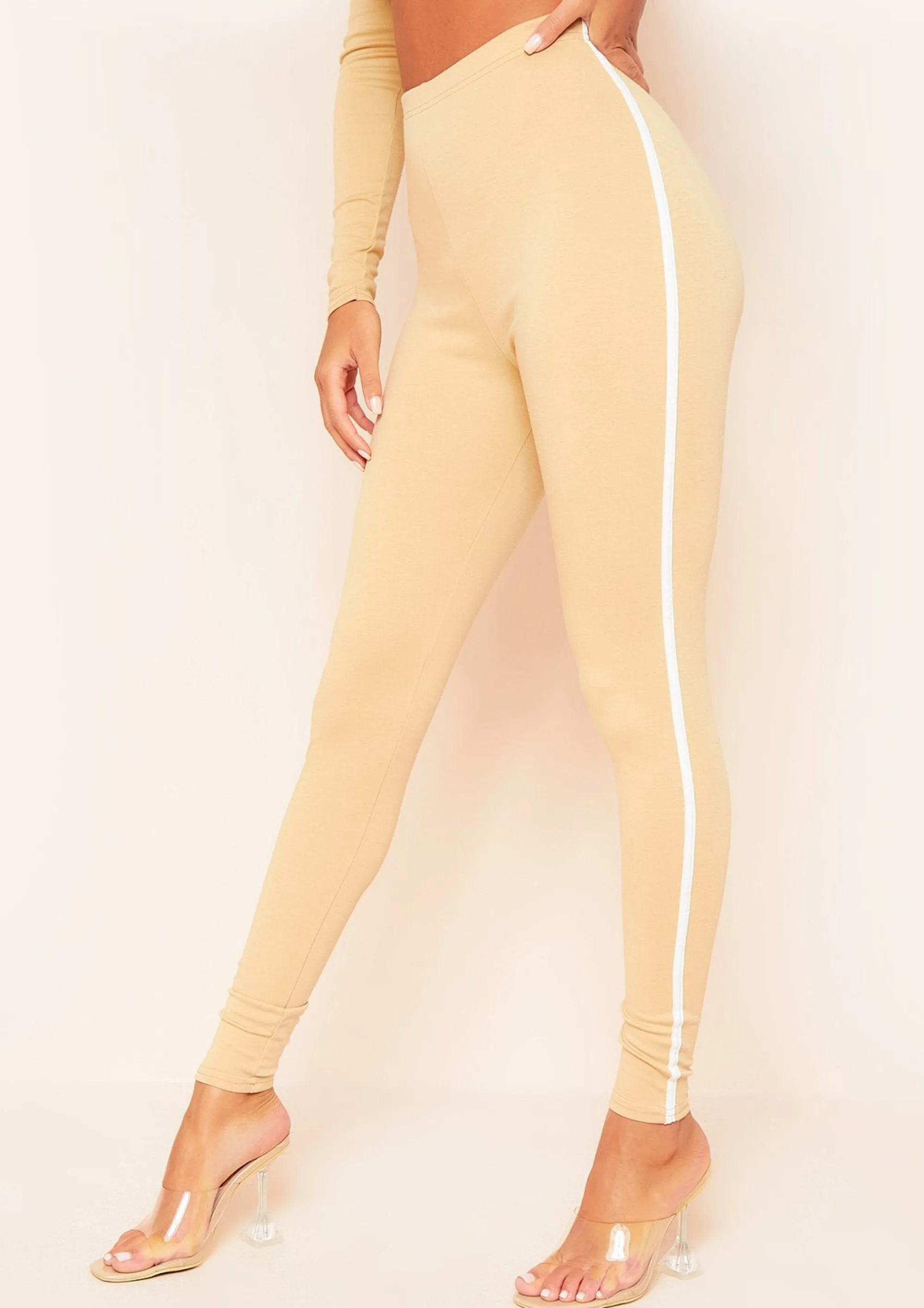 Missy Empire Ellie Beige Contrast Stripe Leggings^Women Leggings