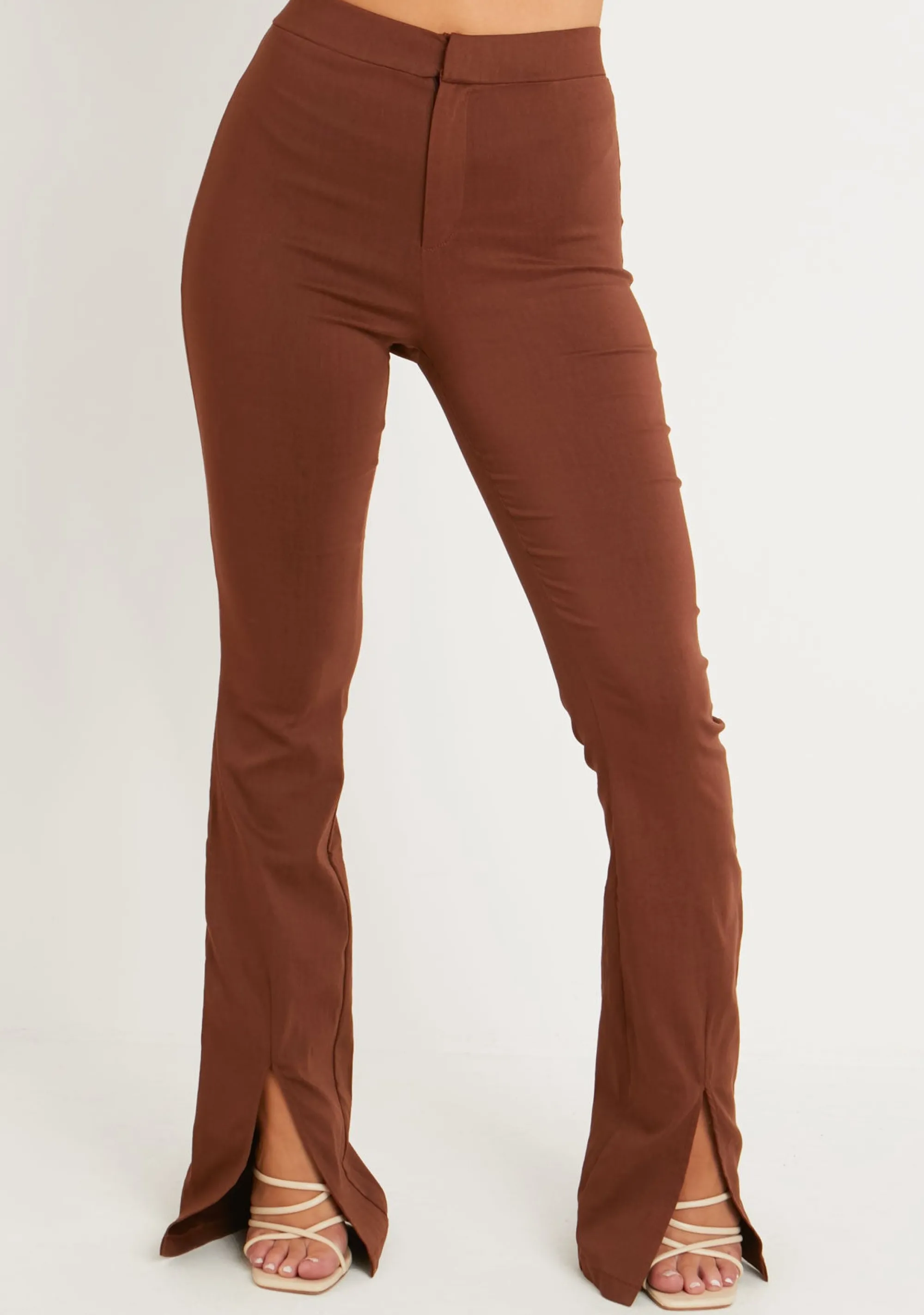 Missy Empire Ellie Chocolate Bengaline Fit & Flare Trousers^Women Trousers