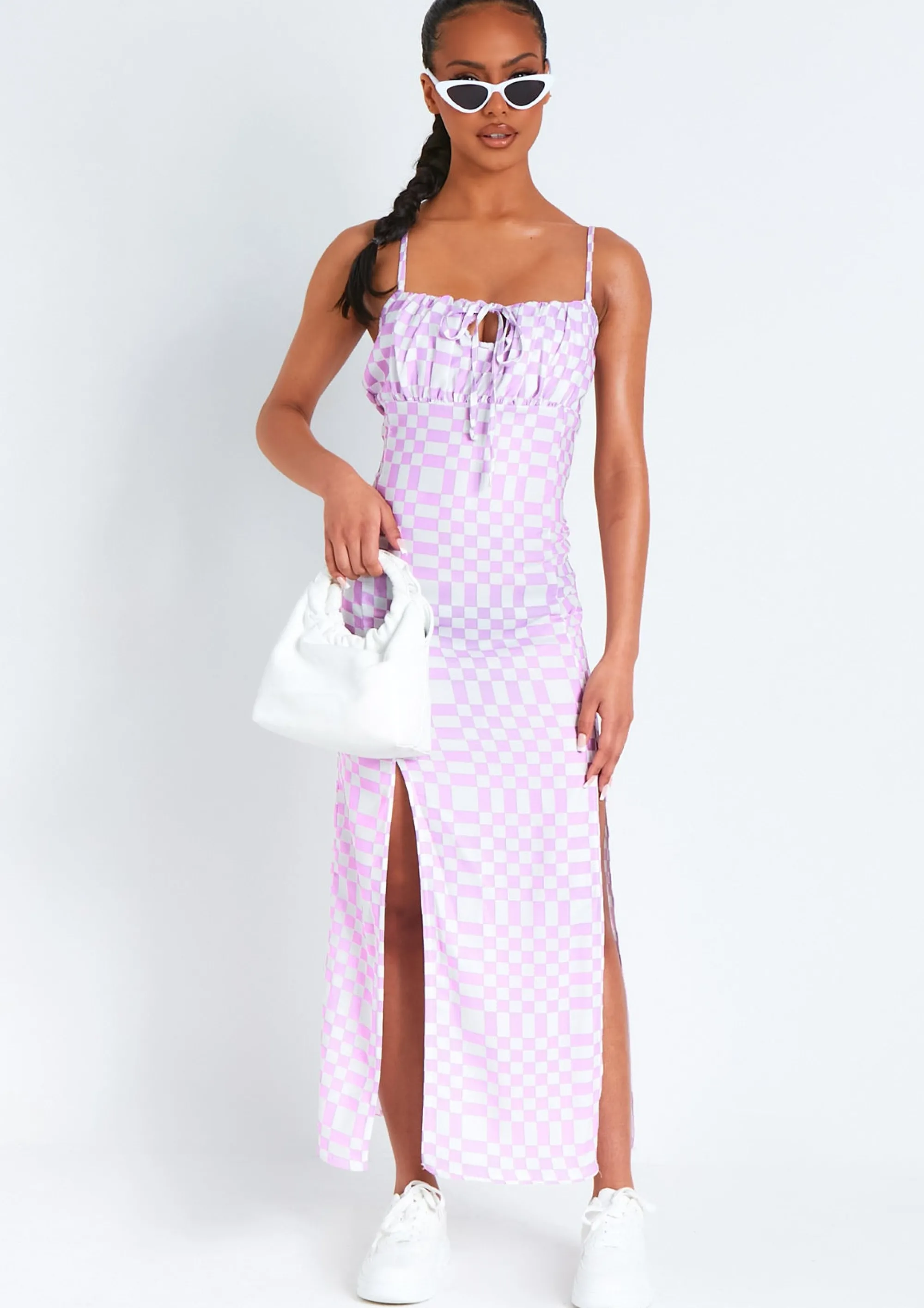 Missy Empire Ellissa Lilac Checkerboard Print Maxi Dress^Women Dresses