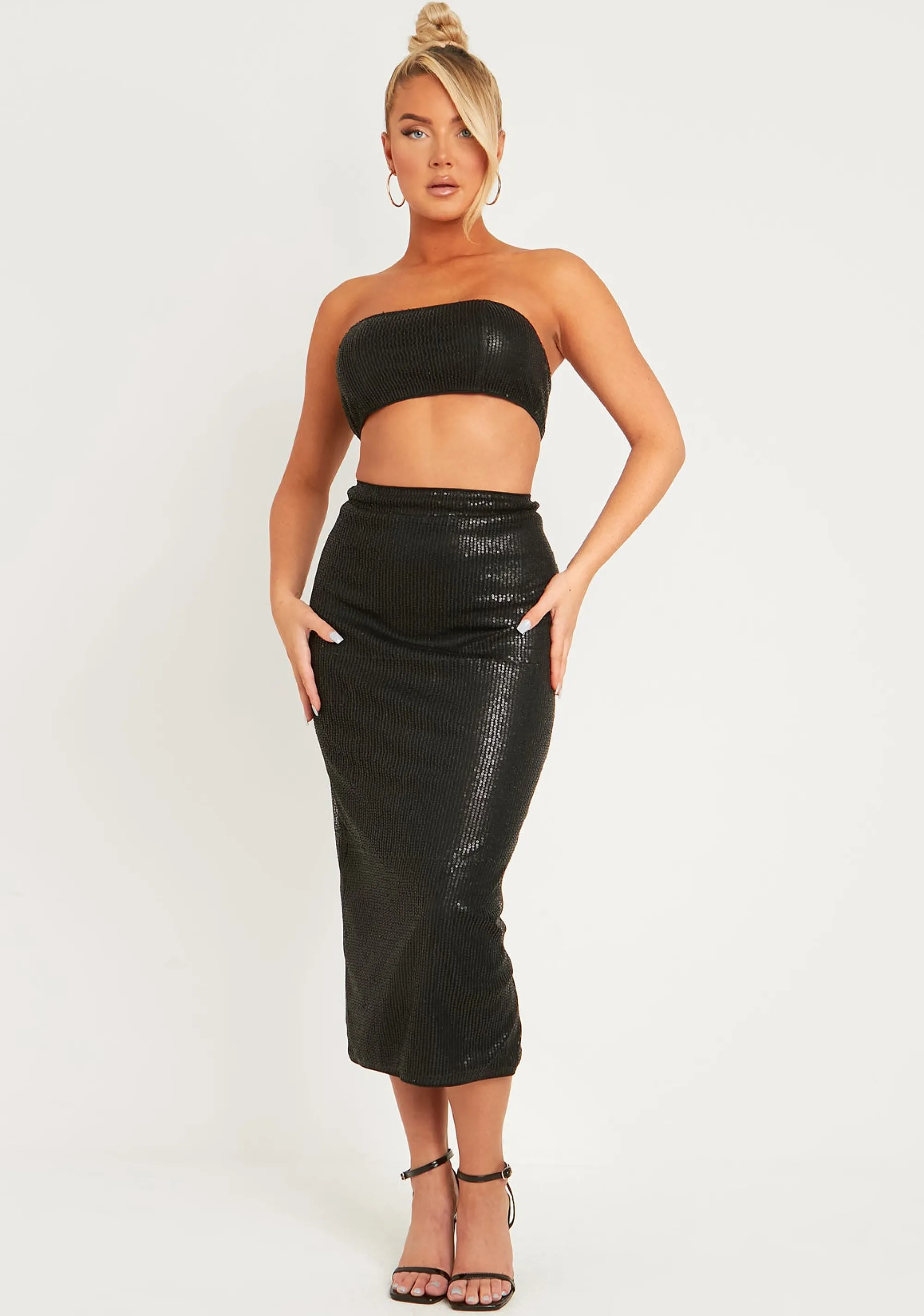 Missy Empire Elora Black Sequin High Waisted Midaxi Skirt Shop