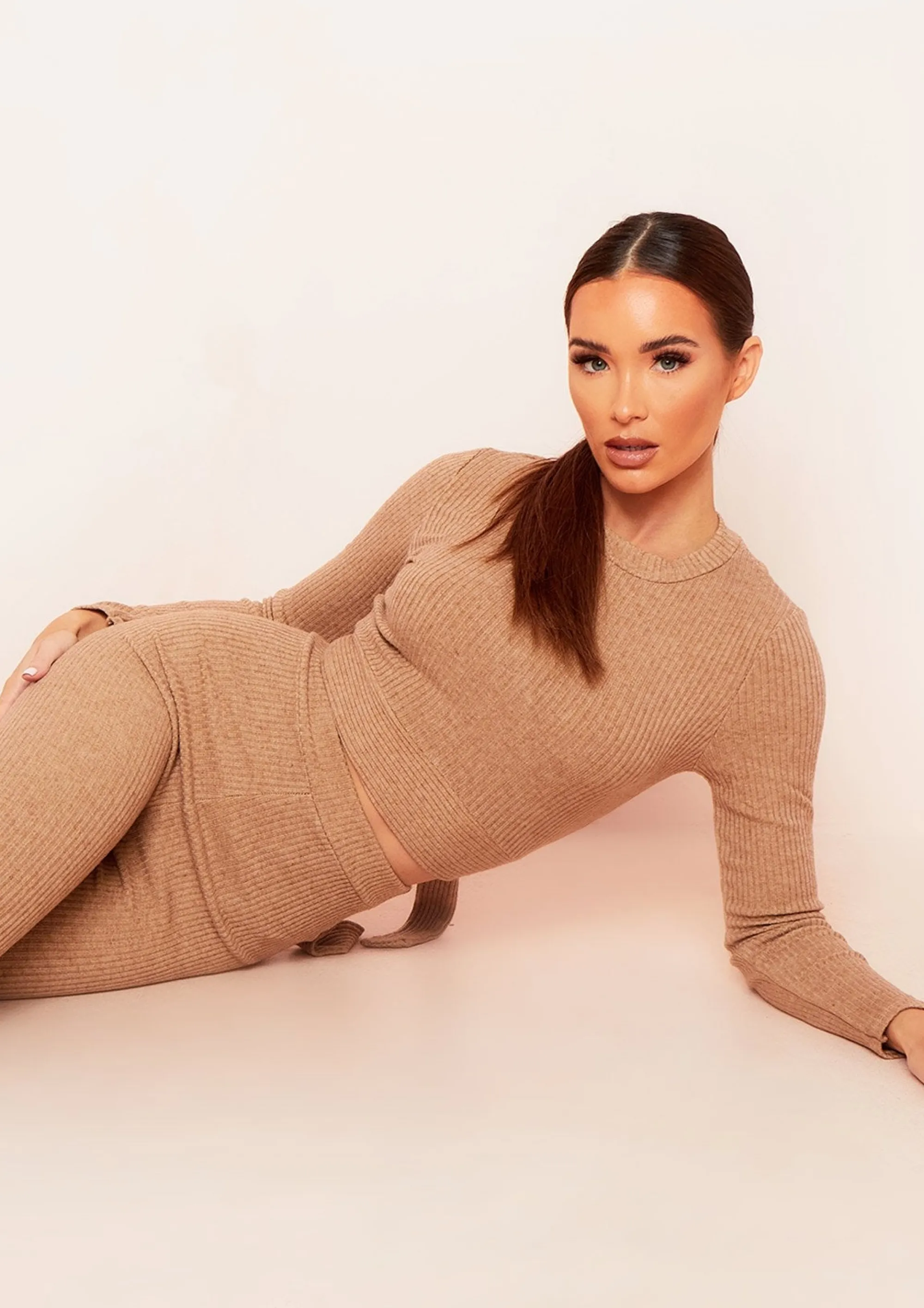 Missy Empire Emma Camel Brushed Rib Wrap Back Tie Waist Crop Top Flash Sale