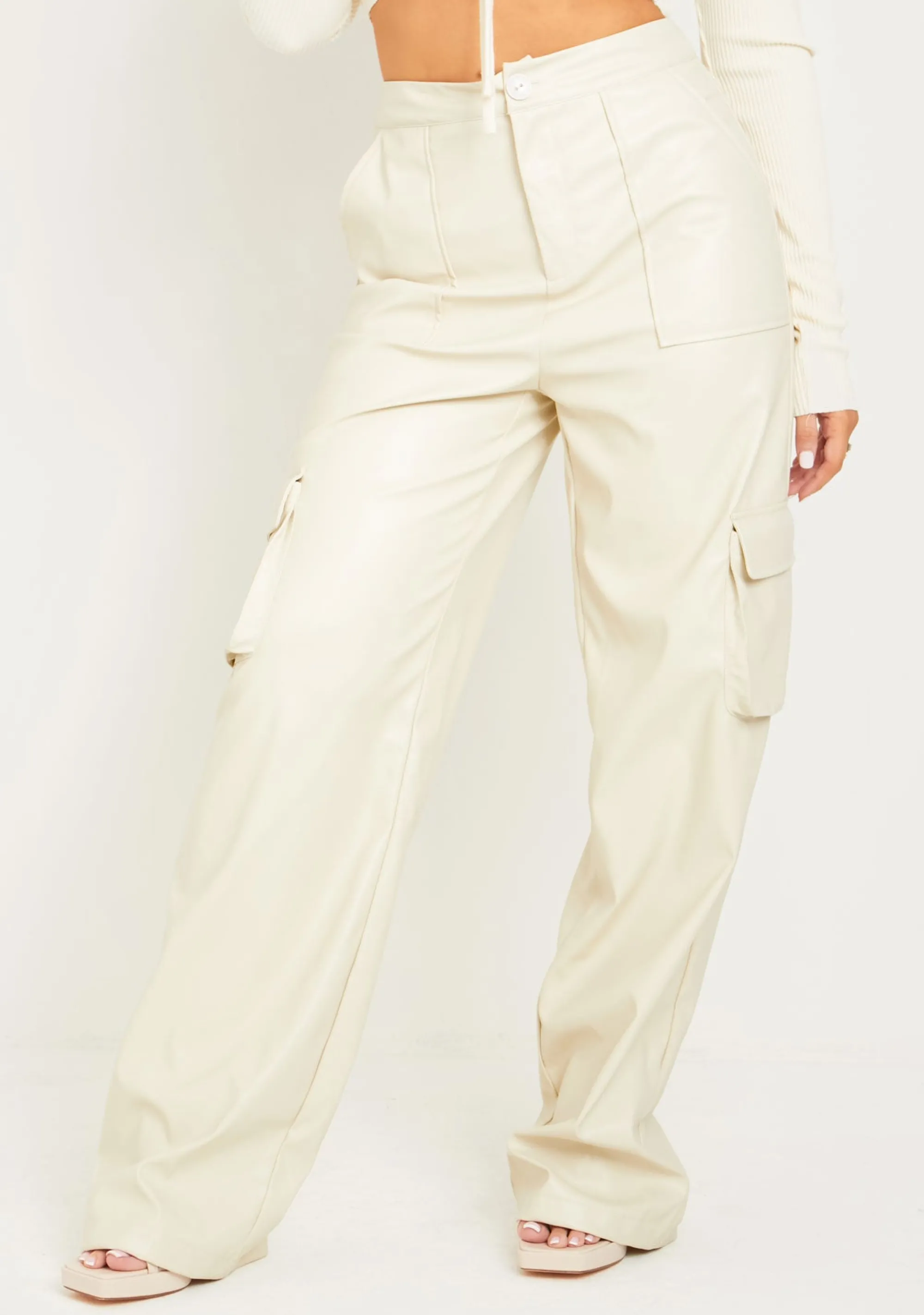 Missy Empire Enya Cream Pu Wide Leg Cargos^Women Trousers