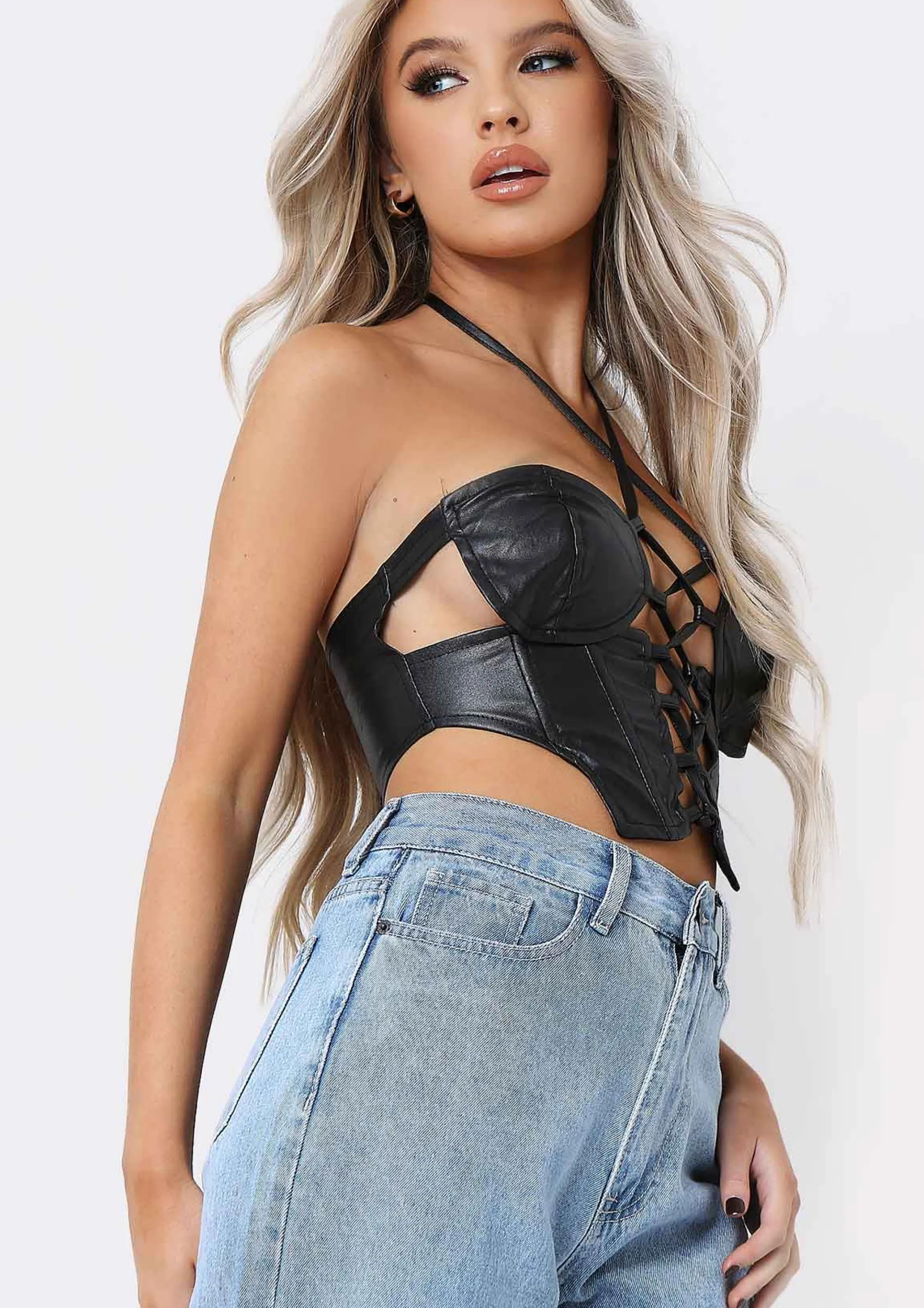 Missy Empire Essie Black Pu Lace Up Halterneck Corset Co-Ord Top Best