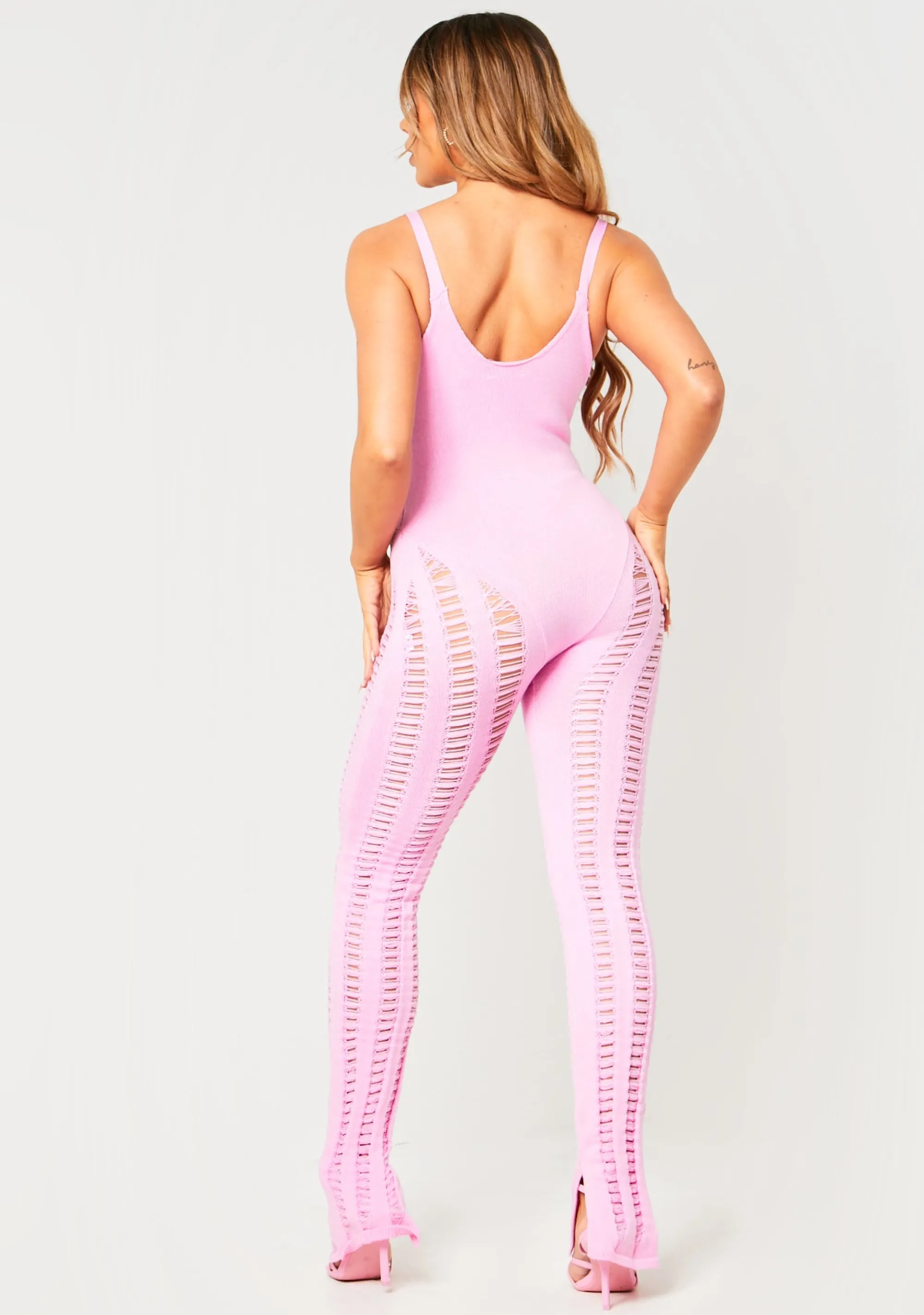 Missy Empire Eva Baby Pink Laddered Knitted Seam Jumpsuit^Women Jumpsuits & Playsuits