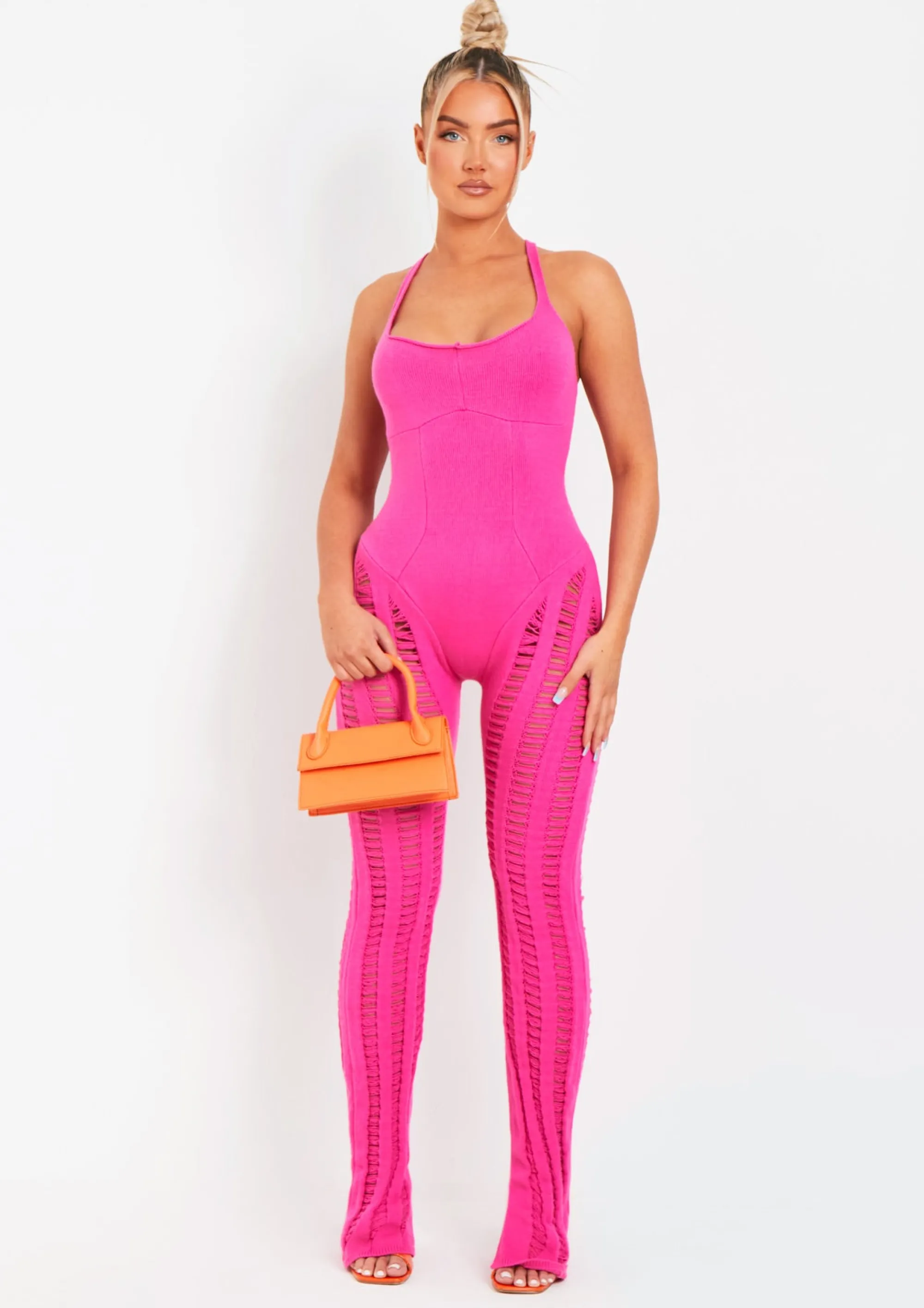 Missy Empire Eva Pink Laddered Knitted Seam Jumpsuit^Women Jumpsuits & Playsuits