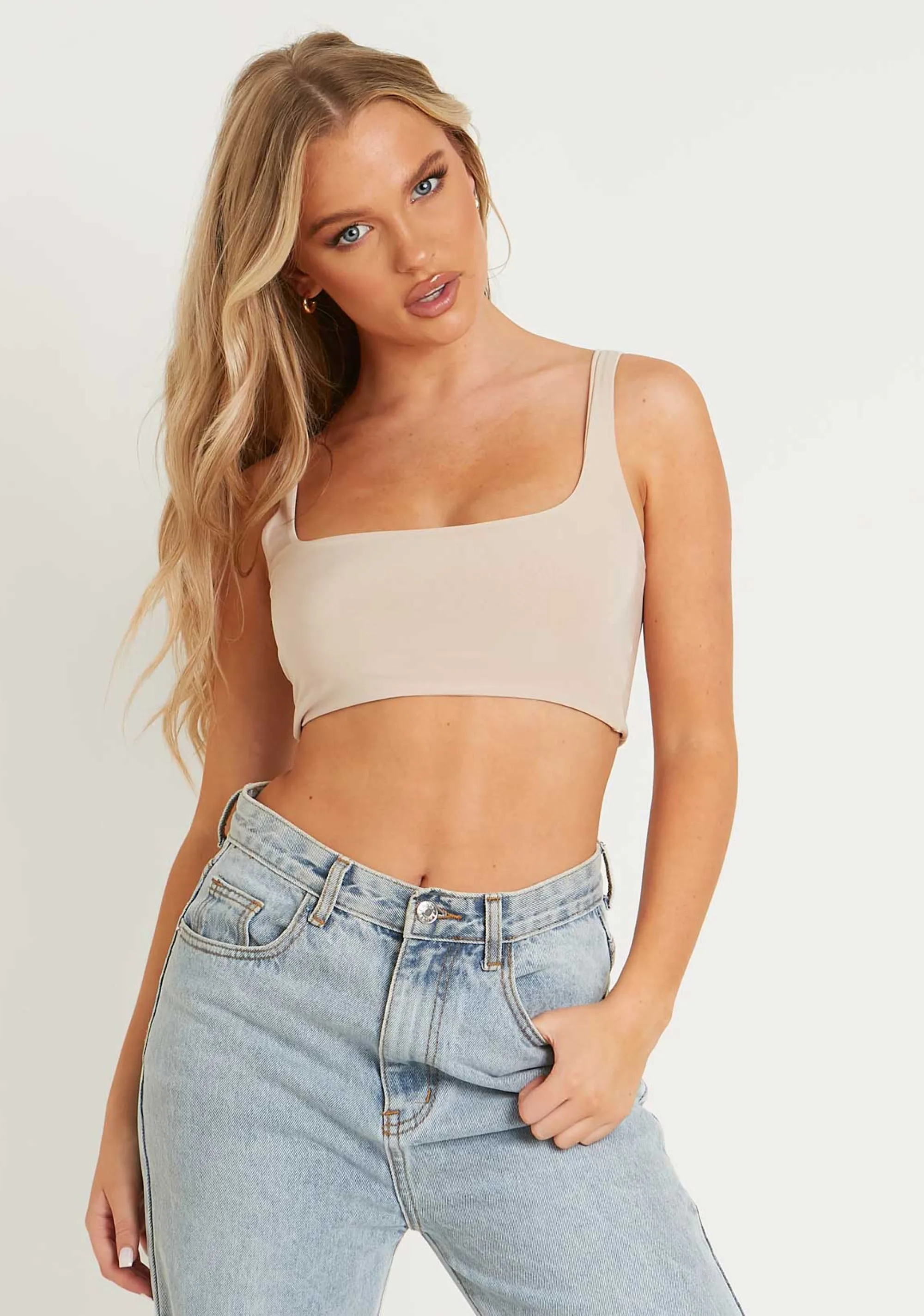 Missy Empire Evelyn Sand Slinky Square Neck Extreme Crop Top Cheap