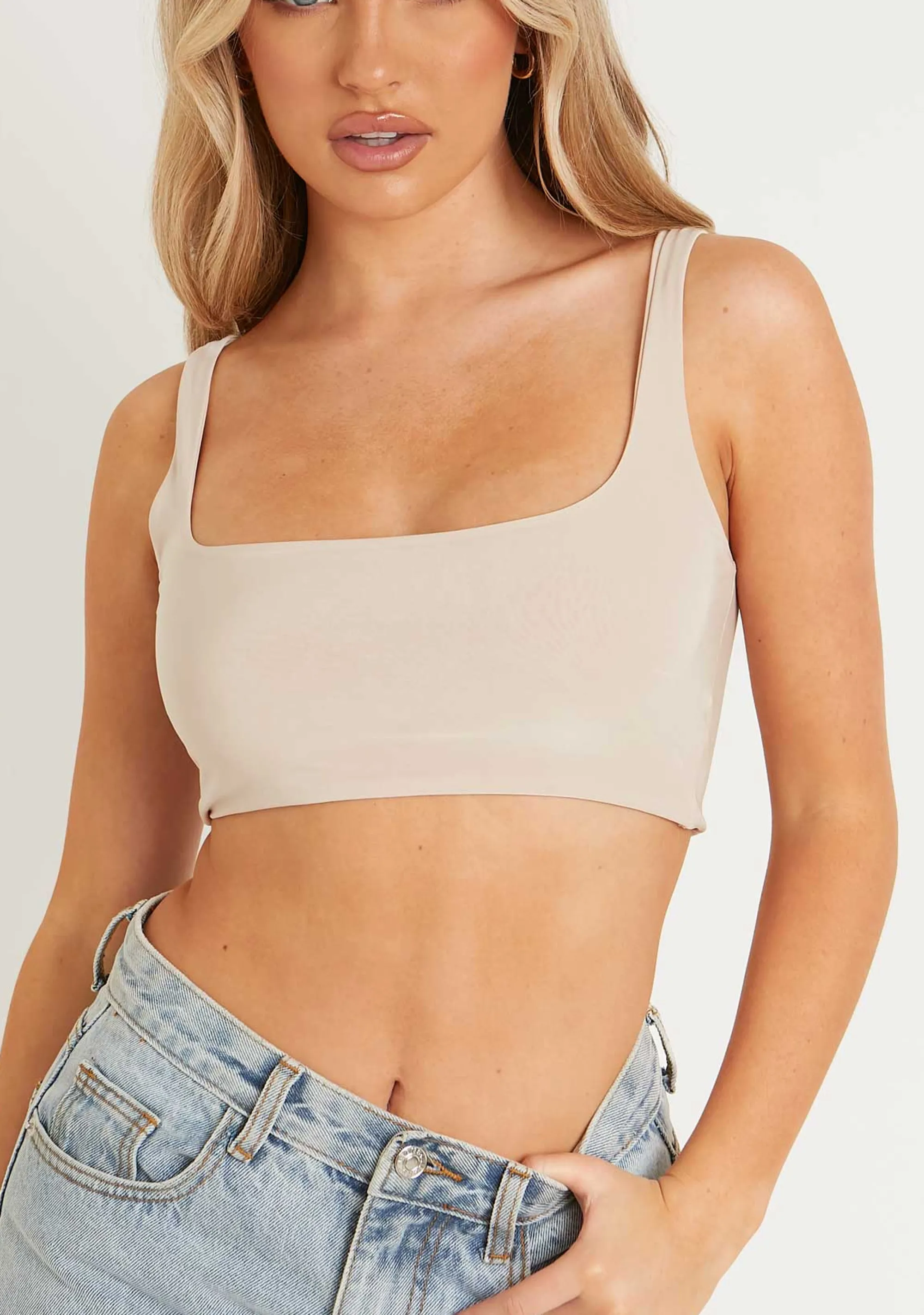 Missy Empire Evelyn Sand Slinky Square Neck Extreme Crop Top Cheap