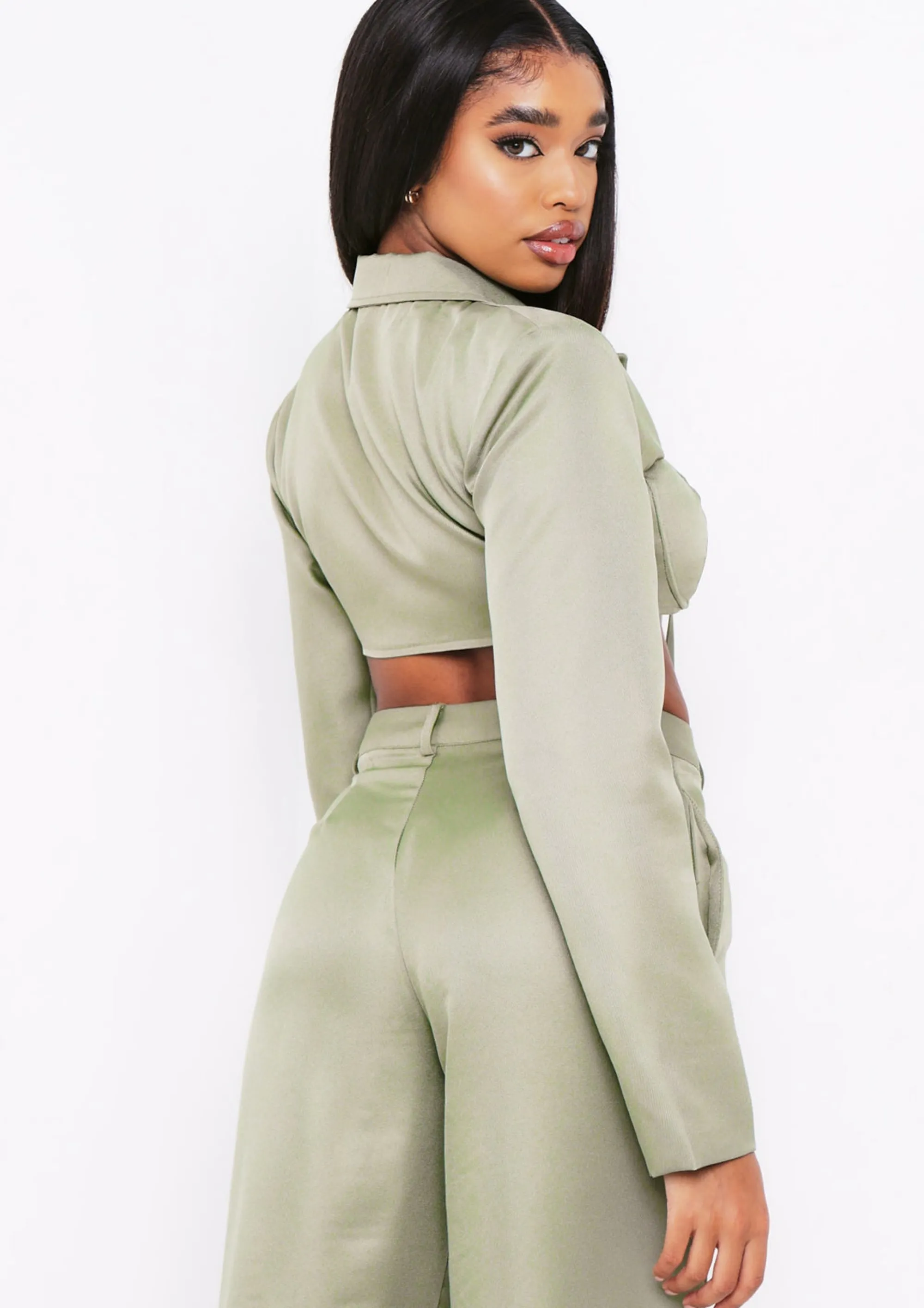 Missy Empire Everly Khaki Tie Front Bust Detail Cropped Blazer Co-Ord Clearance