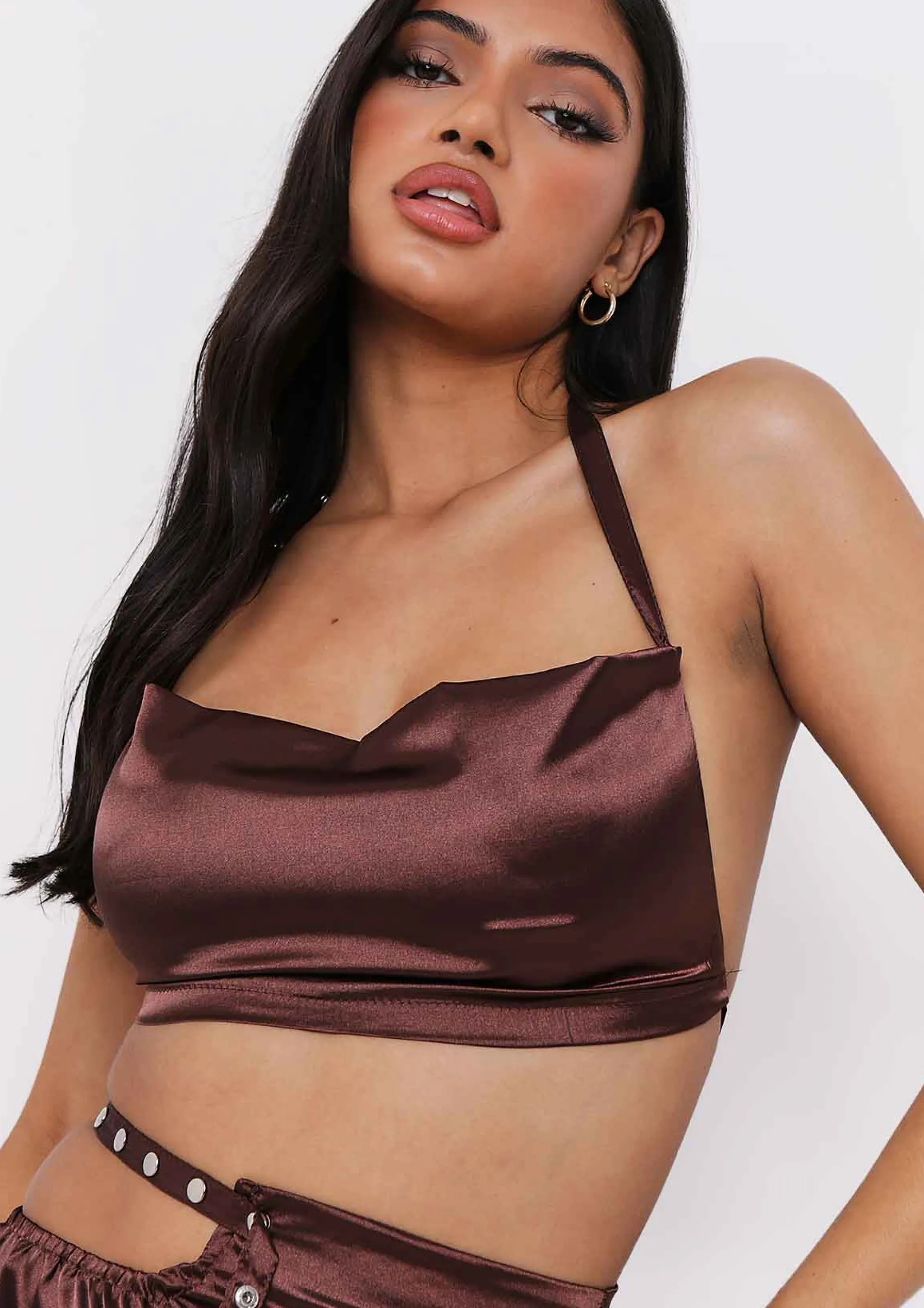 Missy Empire Fabiana Chocolate Halterneck Satin Metal Strap Top Clearance