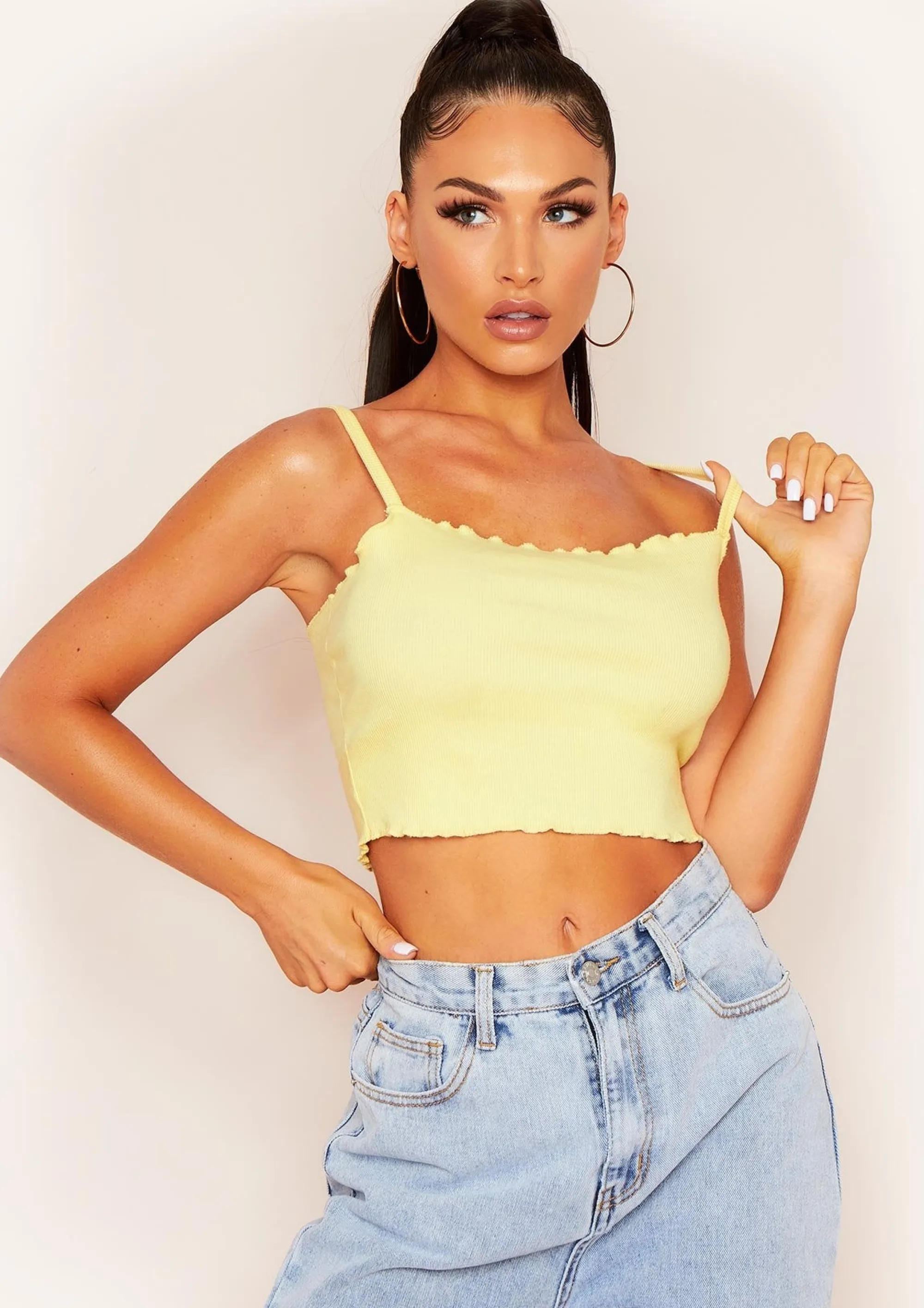 Missy Empire Faye Lemon Yellow Frill Hem Ribbed Crop Top New