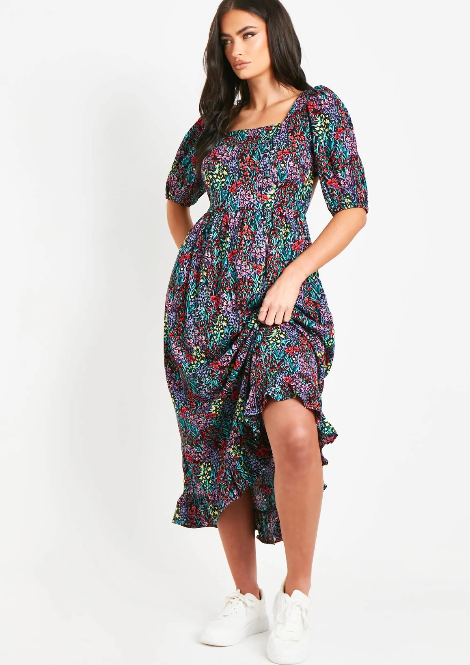 Missy Empire Fiona Black Floral Multi Printed Midi Dress^Women Dresses